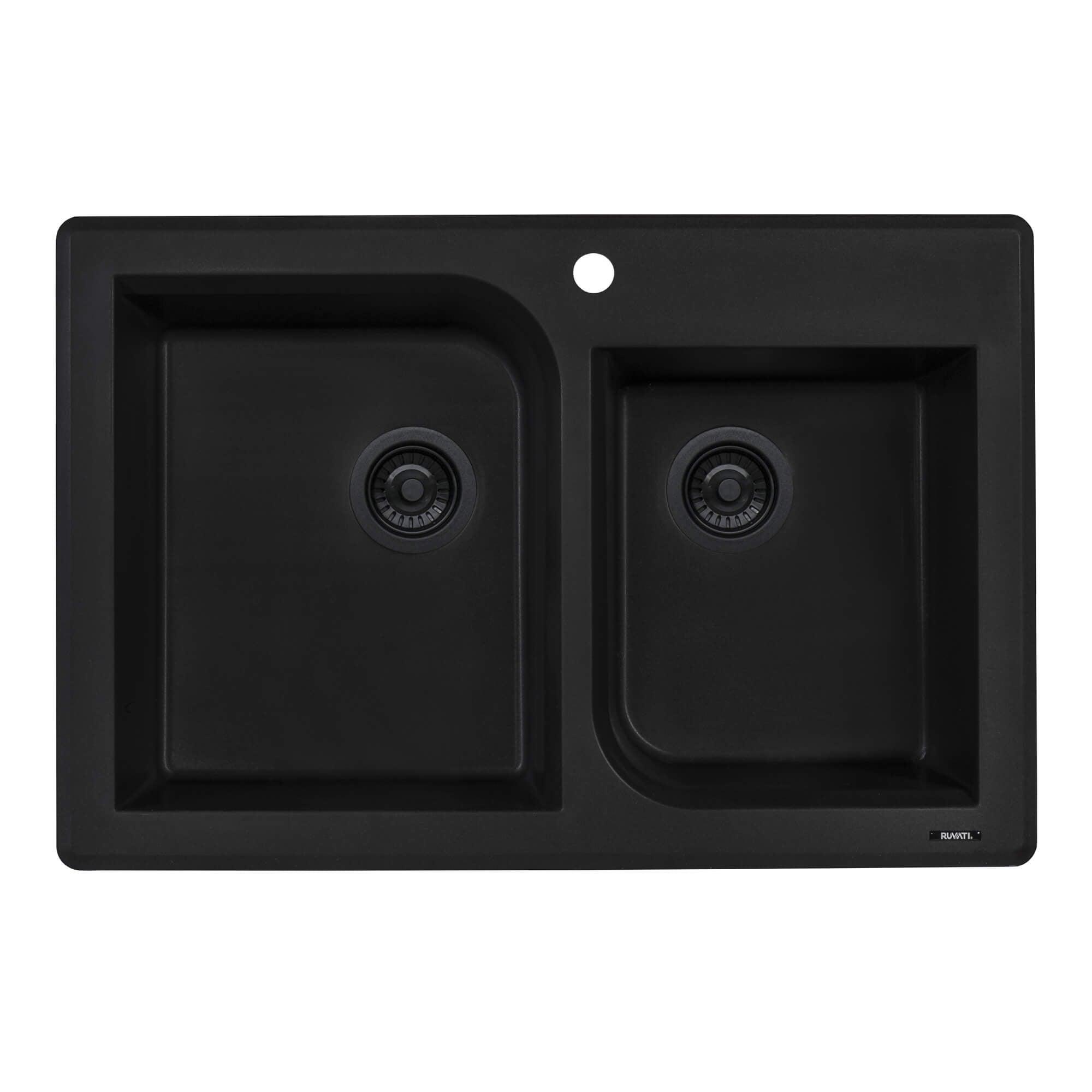 Alternative View of Ruvati epiGranite 33" Dual-Mount Granite Composite Kitchen Sink, 55/45 Double Bowl, Midnight Black, RVG1396BK
