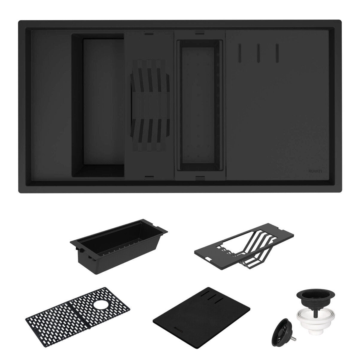 Ruvati 18 x 34 inch Granite Composite Workstation Kitchen Sink epiStage Dual Mount Single Bowl, Black, RVG1650BK