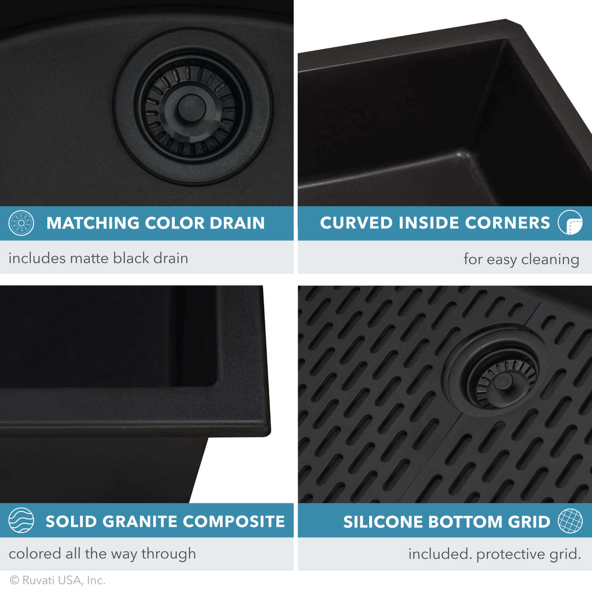Alternate Image for Ruvati 27" Undermount Granite Composite Kitchen Sink, Midnight Black, RVG2027BK
