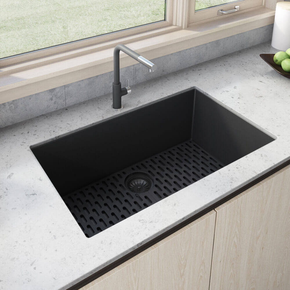 Alternate Image for Ruvati 27" Undermount Granite Composite Kitchen Sink, Midnight Black, RVG2027BK
