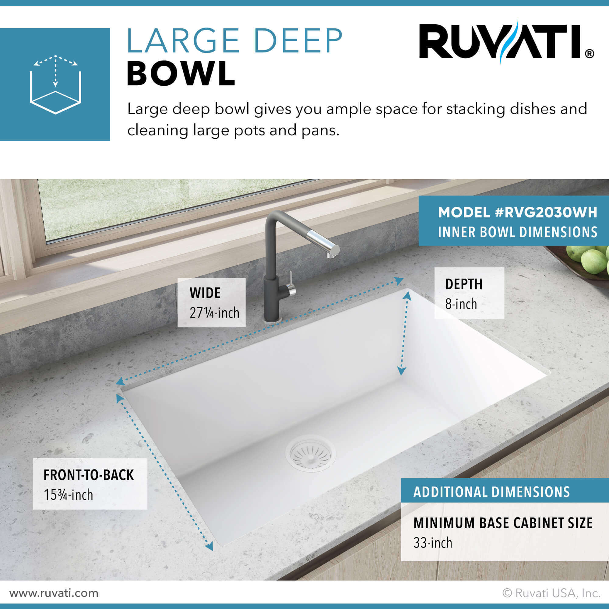 Alternate Image for Ruvati epiGranite 30" Undermount Granite Composite Kitchen Sink, Arctic White, RVG2030WH