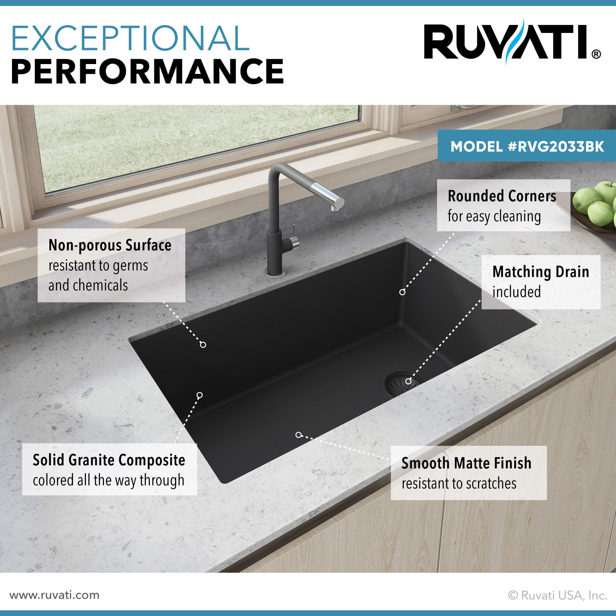 Alternate Image for Ruvati epiGranite 32" Undermount Granite Composite Kitchen Sink, Midnight Black, RVG2033BK