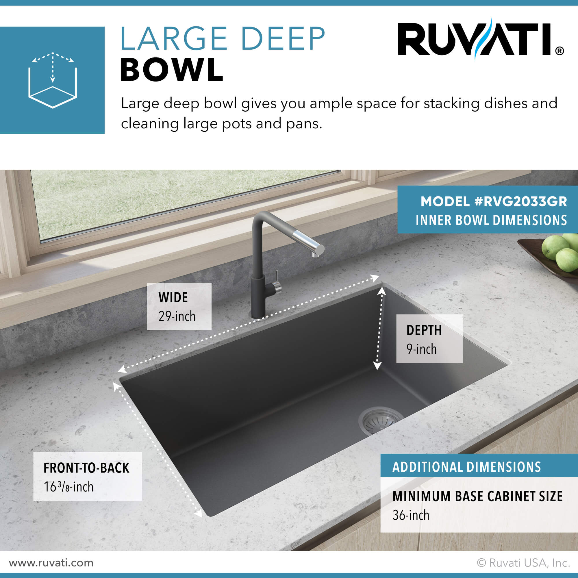 Alternate Image for Ruvati epiGranite 32" Undermount Granite Composite Kitchen Sink, Urban Gray, RVG2033GR