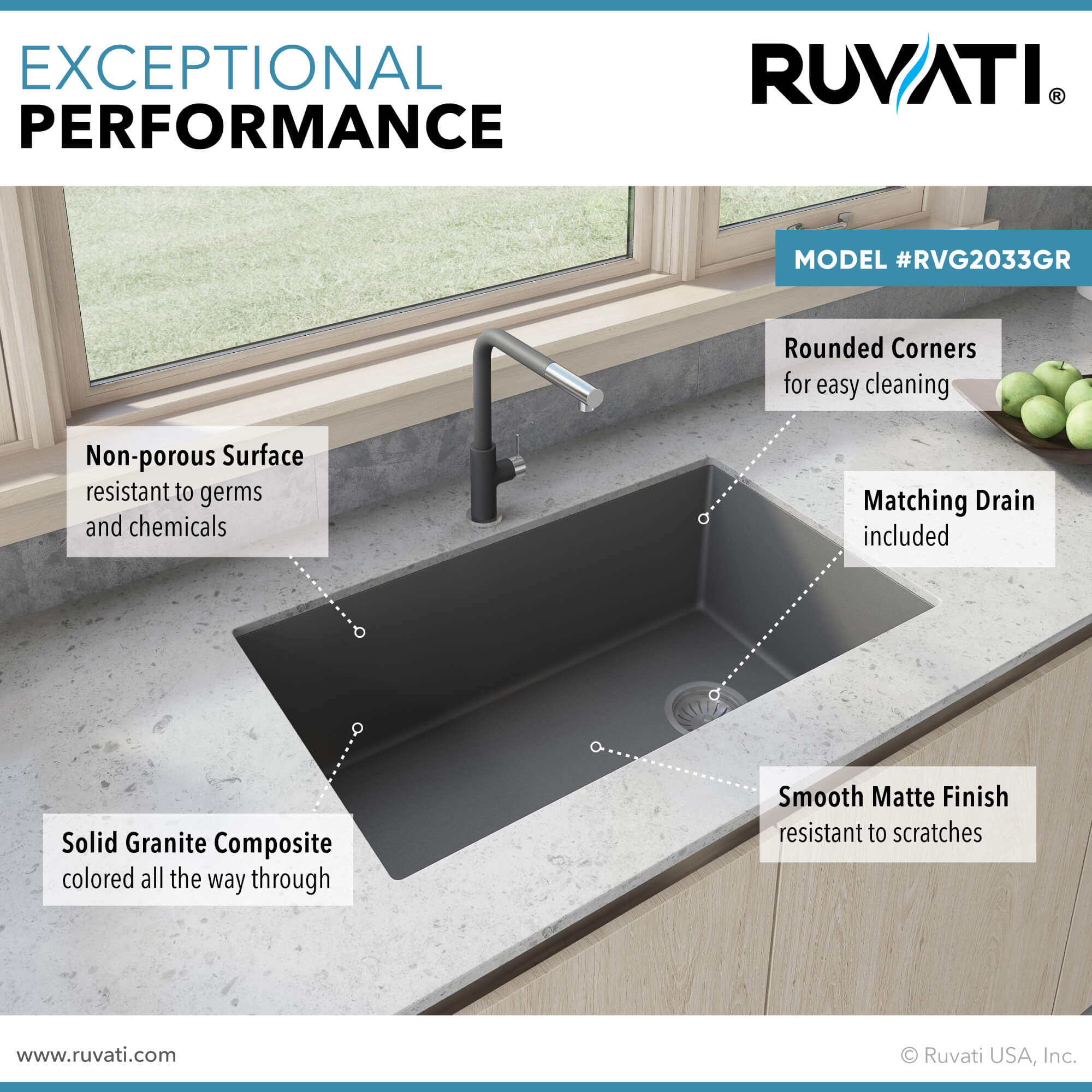 Ruvati epiGranite 32" Undermount Granite Composite Kitchen Sink, Urban Gray, RVG2033UG Product Image