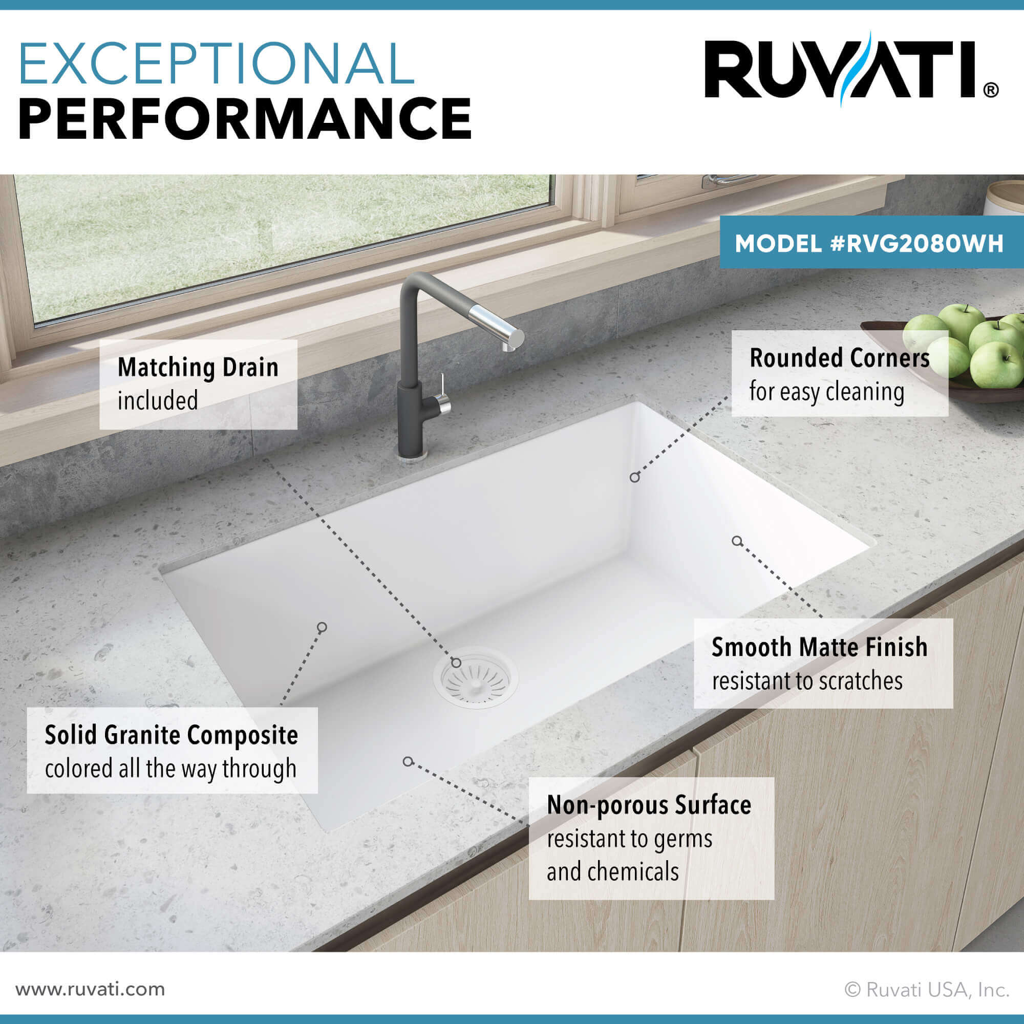 Alternate Image for Ruvati epiGranite 33" Undermount Granite Composite Kitchen Sink, Arctic White, RVG2080WH