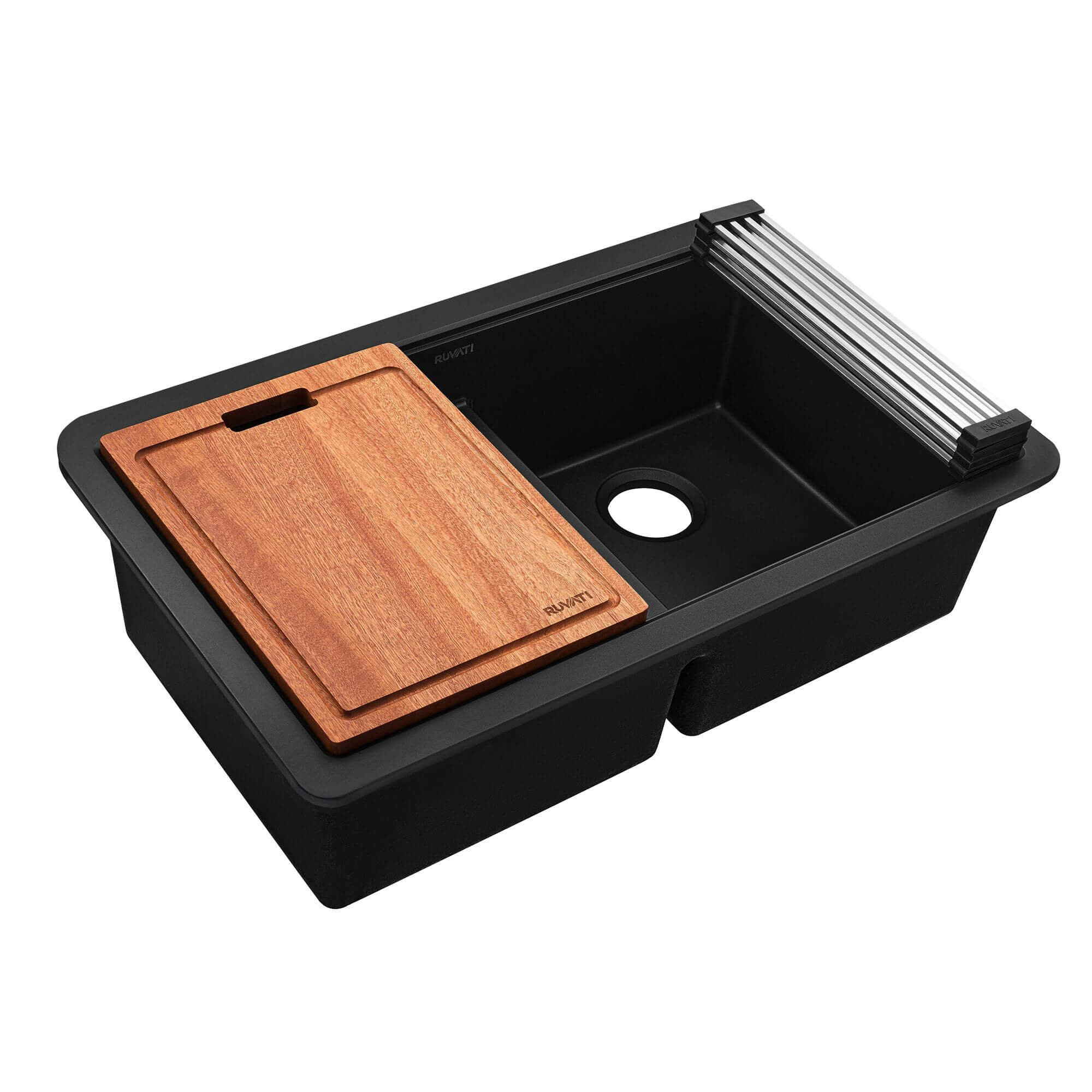 Ruvati epiGranite 33" Undermount Granite Composite Workstation Kitchen Sink, 50/50 Double Bowl, Midnight Black, RVG2343BK Product Image