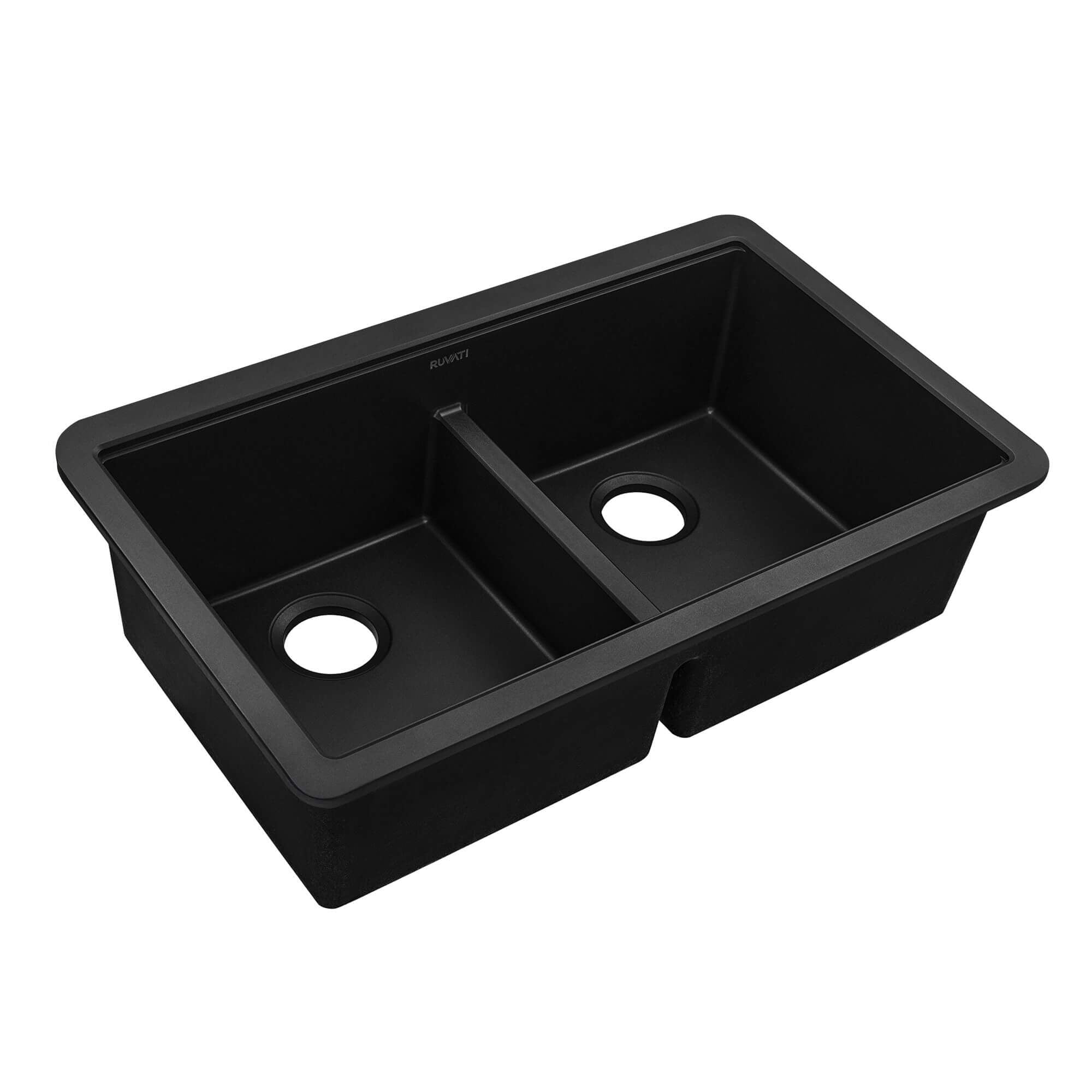 Ruvati epiGranite 33" Undermount Granite Composite Workstation Kitchen Sink, 50/50 Double Bowl, Midnight Black, RVG2343BK Product Image