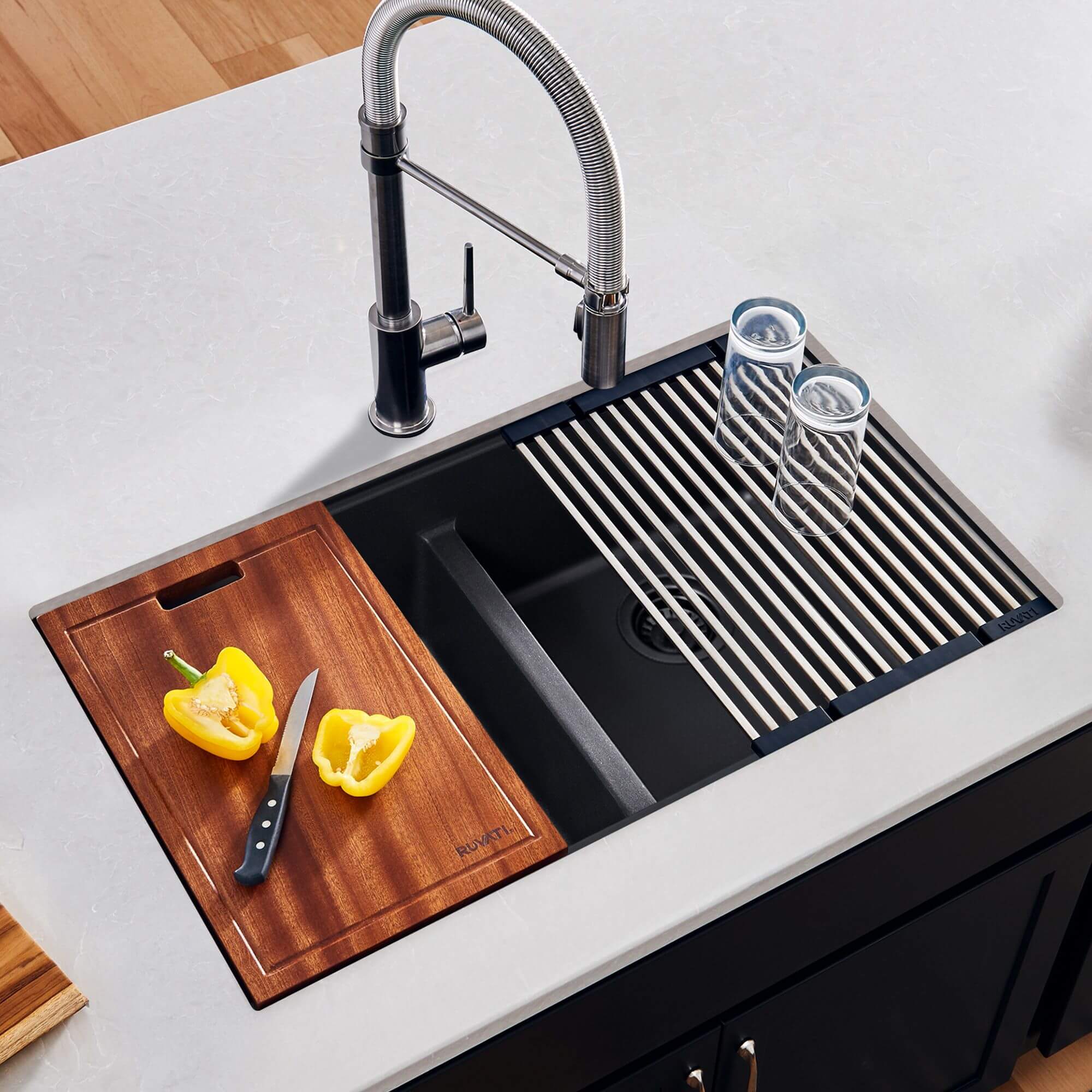 Ruvati epiGranite 33" Undermount Granite Composite Workstation Kitchen Sink, 50/50 Double Bowl, Midnight Black, RVG2343BK