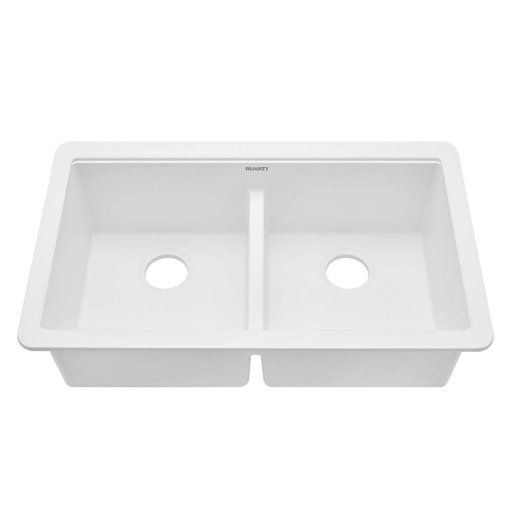 Ruvati epiGranite 33" Undermount Granite Composite Workstation Kitchen Sink, 50/50 Double Bowl, Arctic White Matte, RVG2343WH Product Image