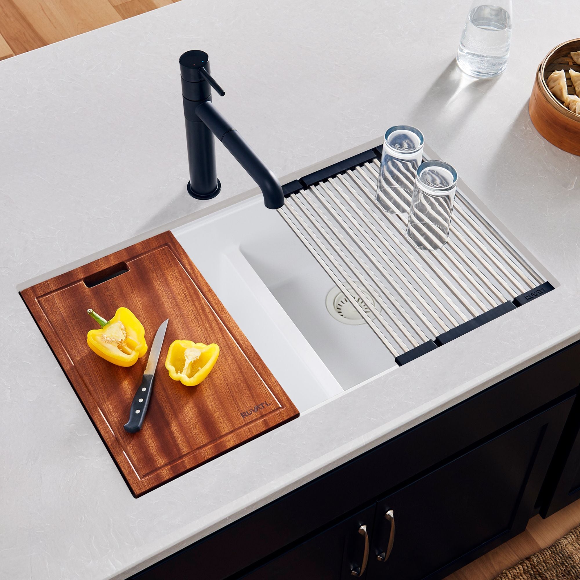 Ruvati epiGranite 33" Undermount Granite Composite Workstation Kitchen Sink, 50/50 Double Bowl, Arctic White Matte, RVG2343WH
