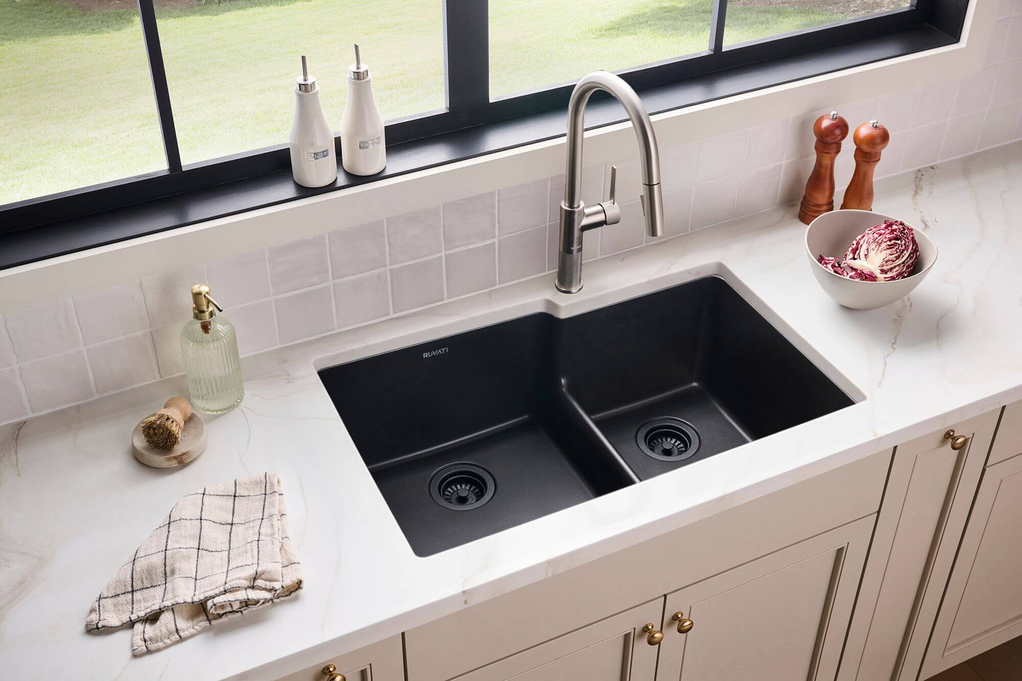 Ruvati epiGranite 33" Undermount Granite Composite Workstation Kitchen Sink, 60/40 Double Bowl, Midnight Black, RVG2347BK Product Image
