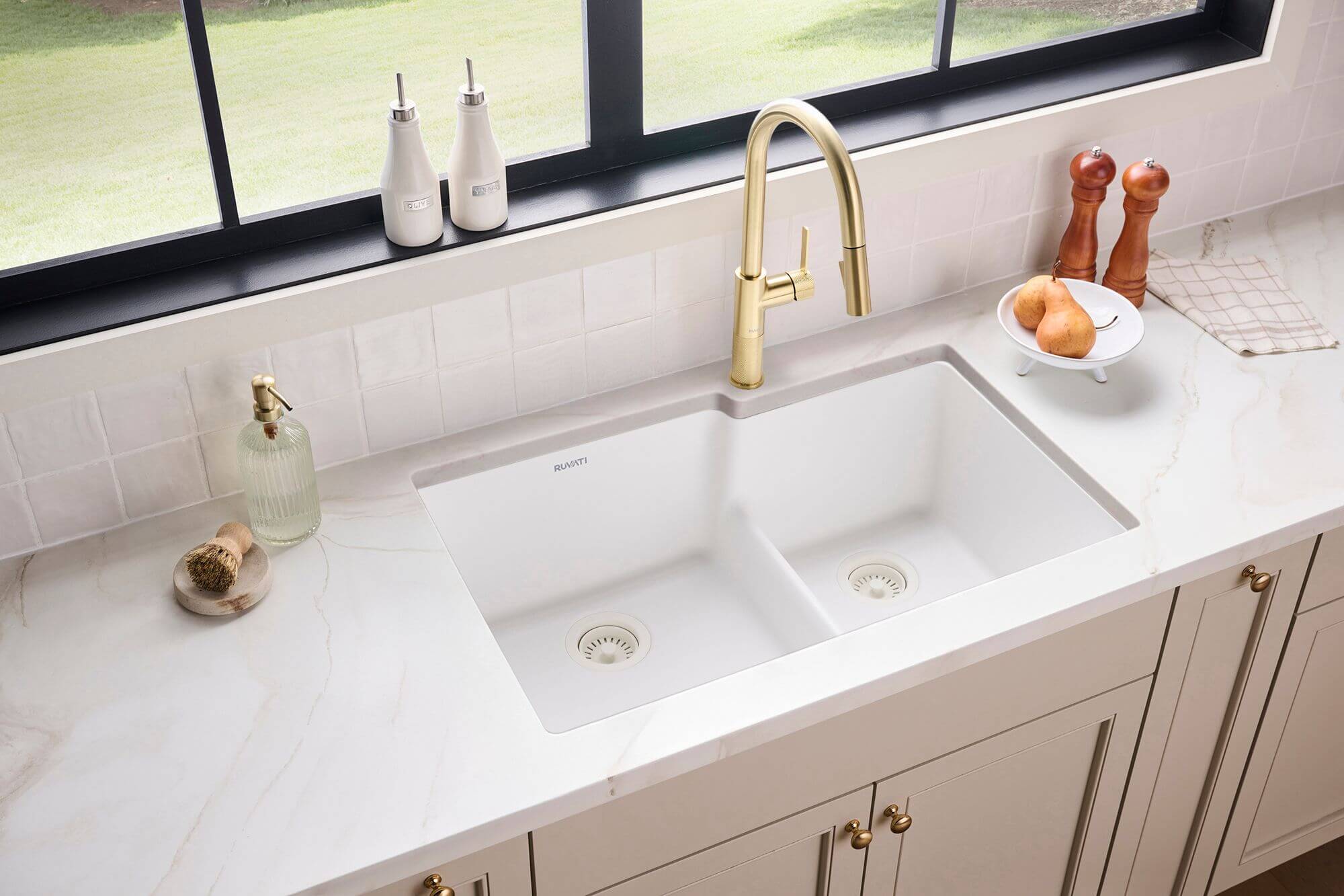 Ruvati epiGranite 33" Undermount Granite Composite Workstation Kitchen Sink, 60/40 Double Bowl, Arctic White Matte, RVG2347WH Product Image