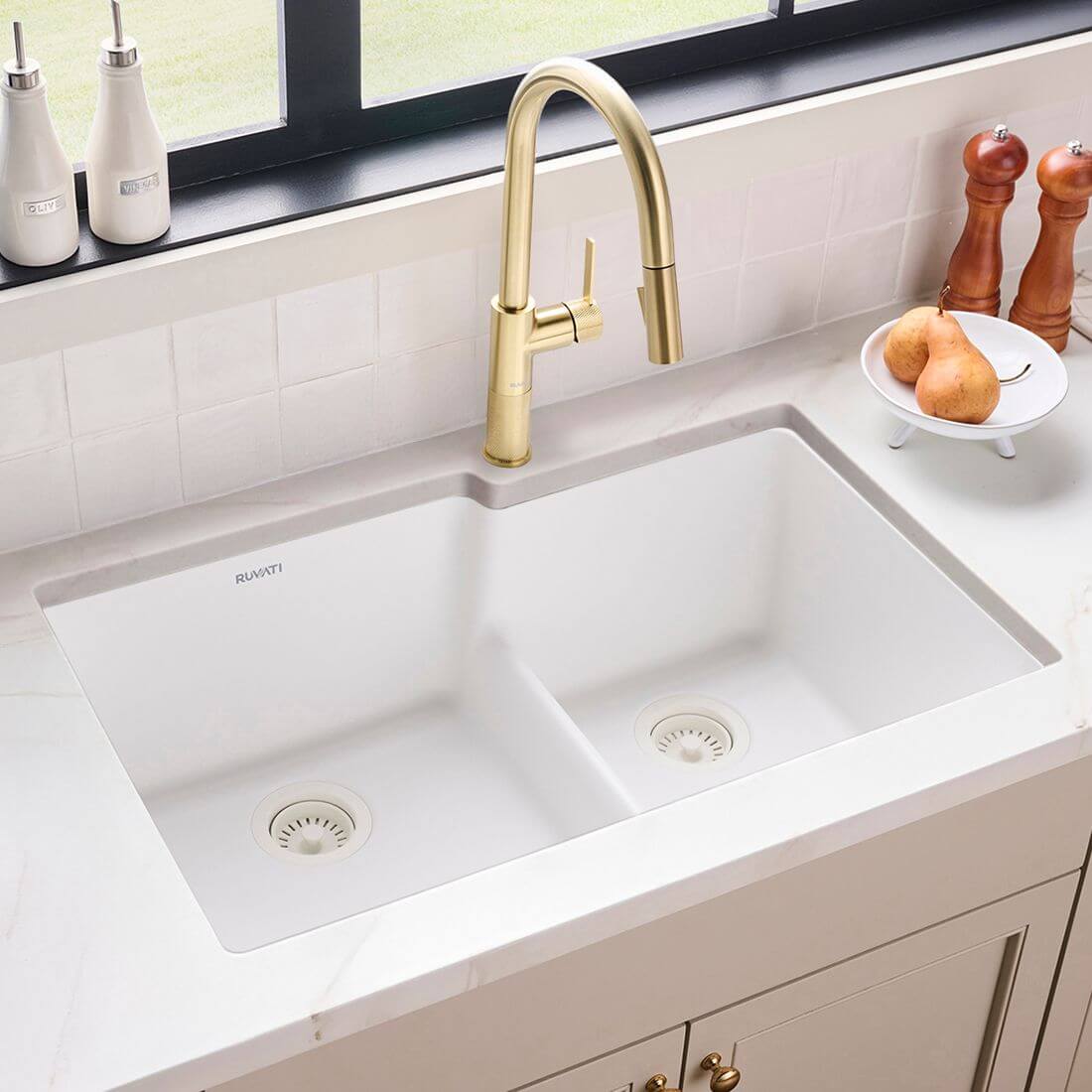 Ruvati epiGranite 33" Undermount Granite Composite Workstation Kitchen Sink, 60/40 Double Bowl, Arctic White Matte, RVG2347WH