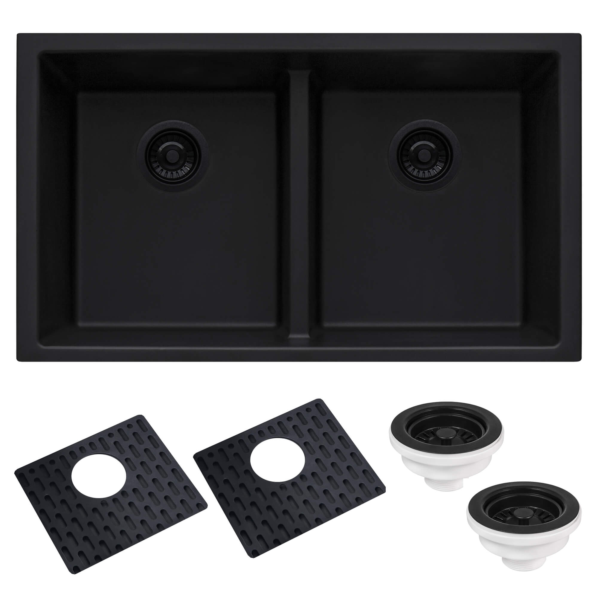 Alternate Image for Ruvati epiGranite 33" Undermount Granite Composite Kitchen Sink, 50/50 Low Divide Double Bowl, Midnight Black, RVG2385BK
