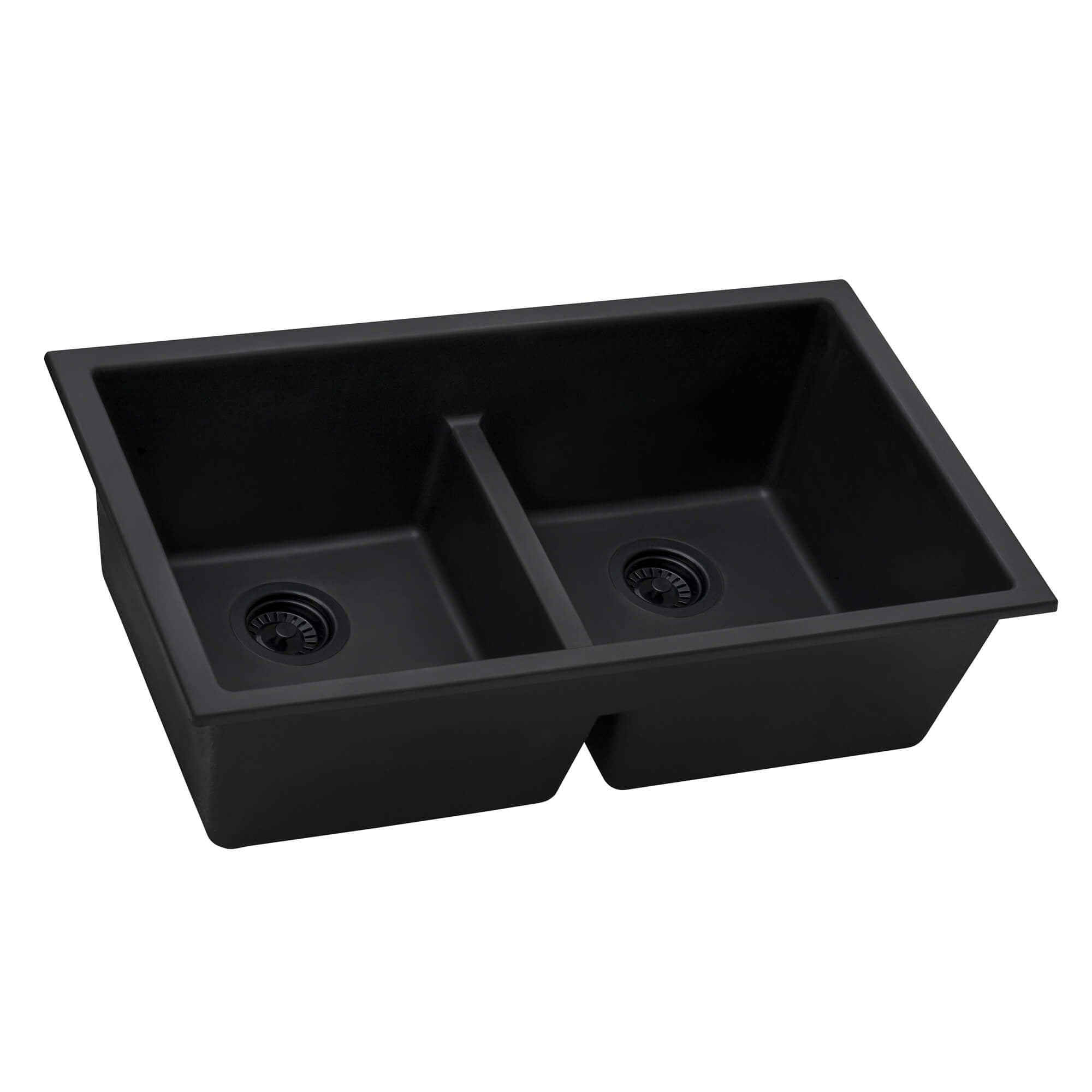 Alternate Image for Ruvati epiGranite 33" Undermount Granite Composite Kitchen Sink, 50/50 Low Divide Double Bowl, Midnight Black, RVG2385BK
