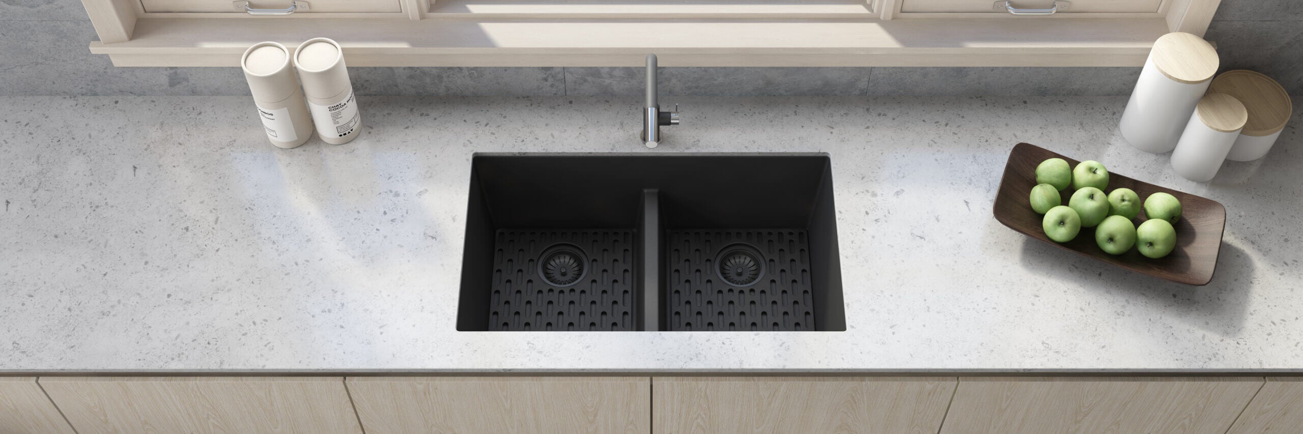 Alternate Image for Ruvati epiGranite 33" Undermount Granite Composite Kitchen Sink, 50/50 Low Divide Double Bowl, Midnight Black, RVG2385BK