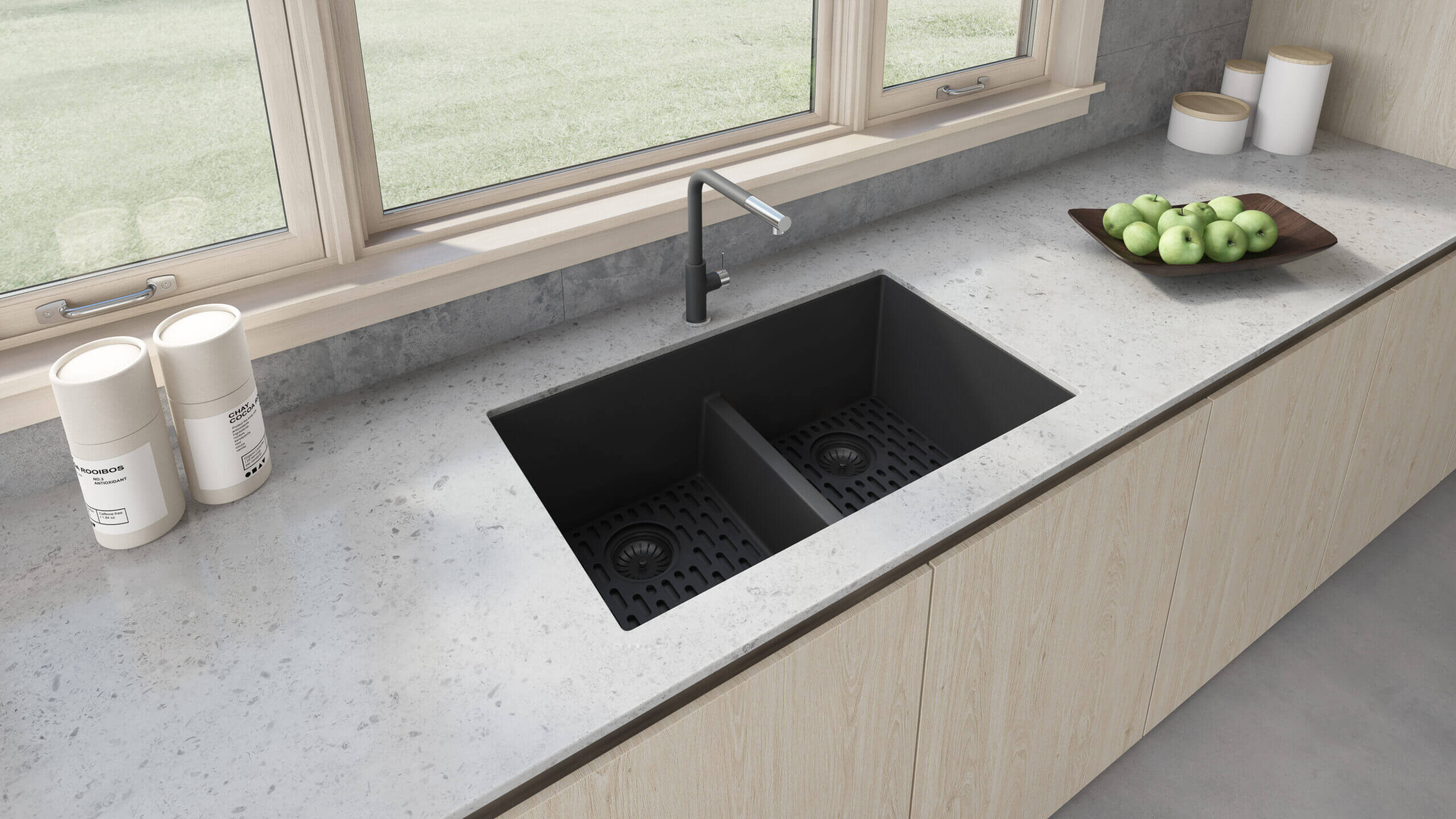Alternate Image for Ruvati epiGranite 33" Undermount Granite Composite Kitchen Sink, 50/50 Low Divide Double Bowl, Midnight Black, RVG2385BK