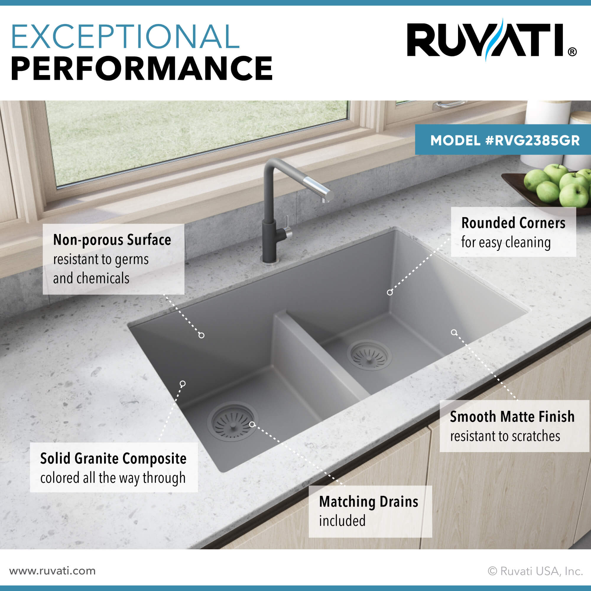 Alternate Image for Ruvati epiGranite 33" Undermount Granite Composite Kitchen Sink, 50/50 Low Divide Double Bowl, Silver Gray, RVG2385GR