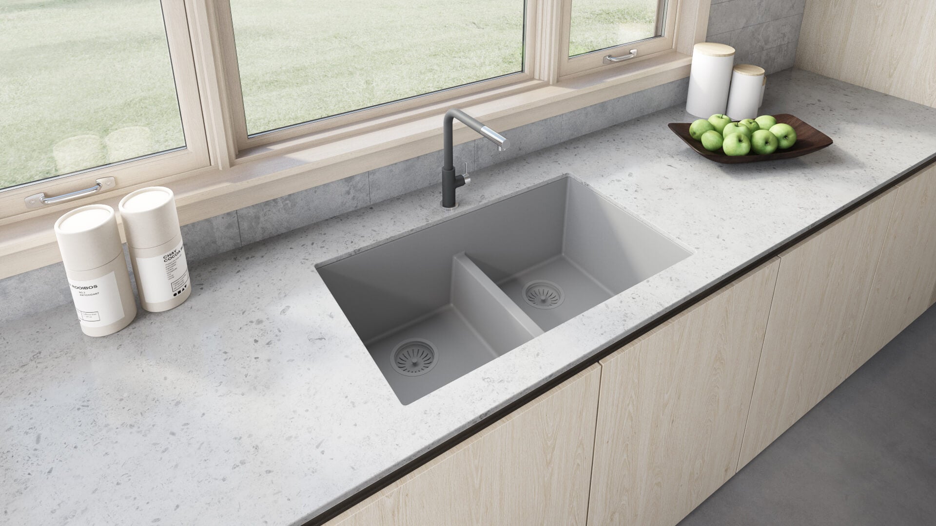 Alternate Image for Ruvati epiGranite 33" Undermount Granite Composite Kitchen Sink, 50/50 Low Divide Double Bowl, Silver Gray, RVG2385GR