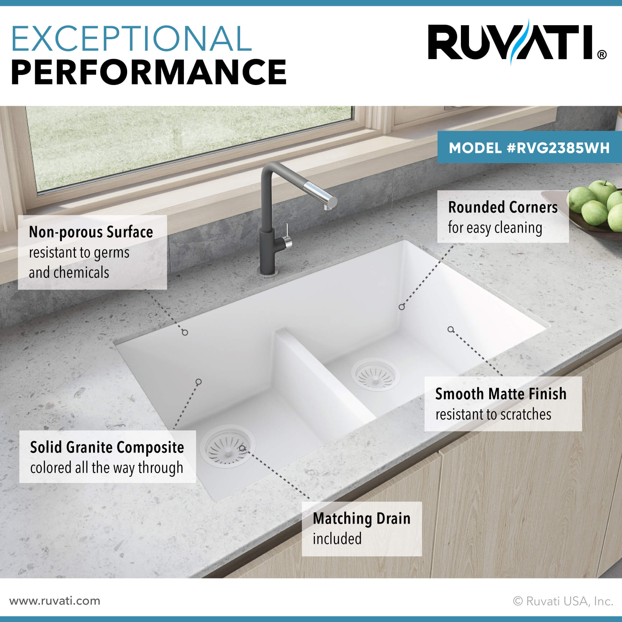 Alternate Image for Ruvati epiGranite 33" Undermount Granite Composite Kitchen Sink, 50/50 Low Divide Double Bowl, Arctic White, RVG2385WH