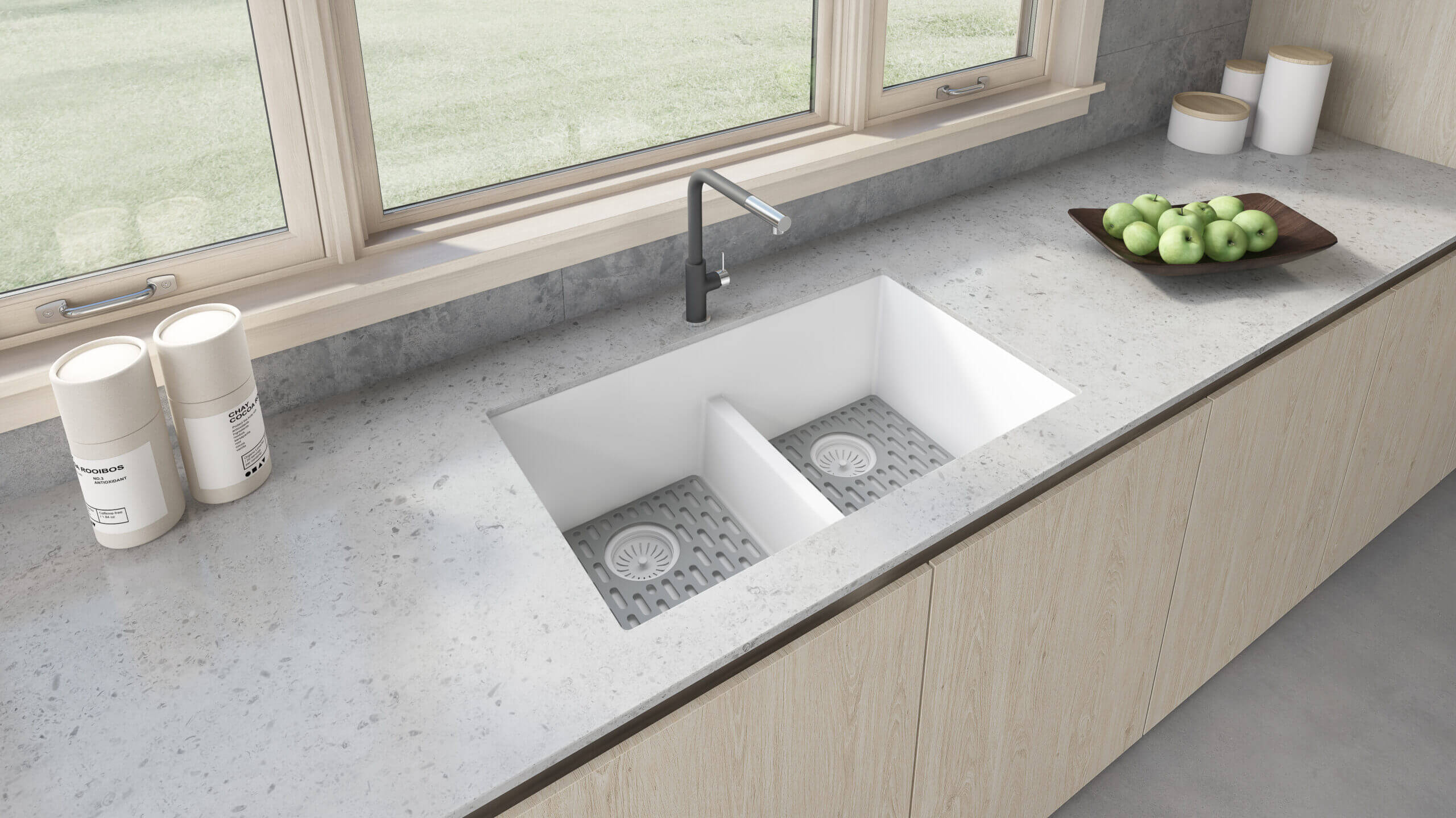 Alternate Image for Ruvati epiGranite 33" Undermount Granite Composite Kitchen Sink, 50/50 Low Divide Double Bowl, Arctic White, RVG2385WH