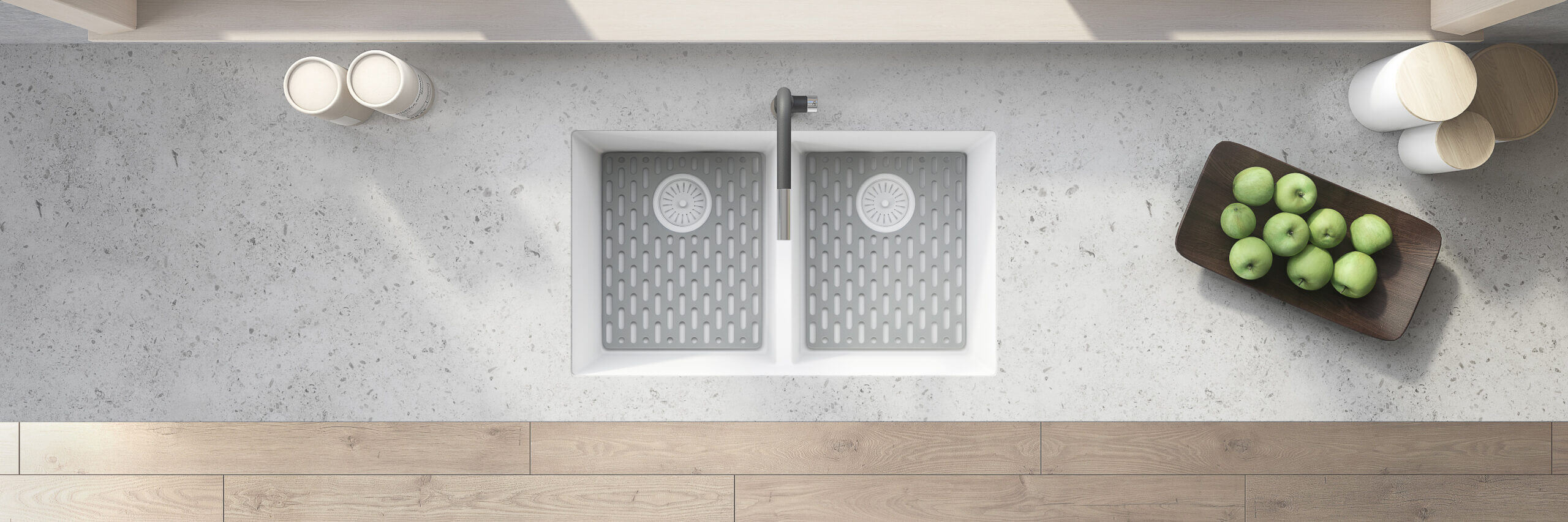 Alternate Image for Ruvati epiGranite 33" Undermount Granite Composite Kitchen Sink, 50/50 Low Divide Double Bowl, Arctic White, RVG2385WH