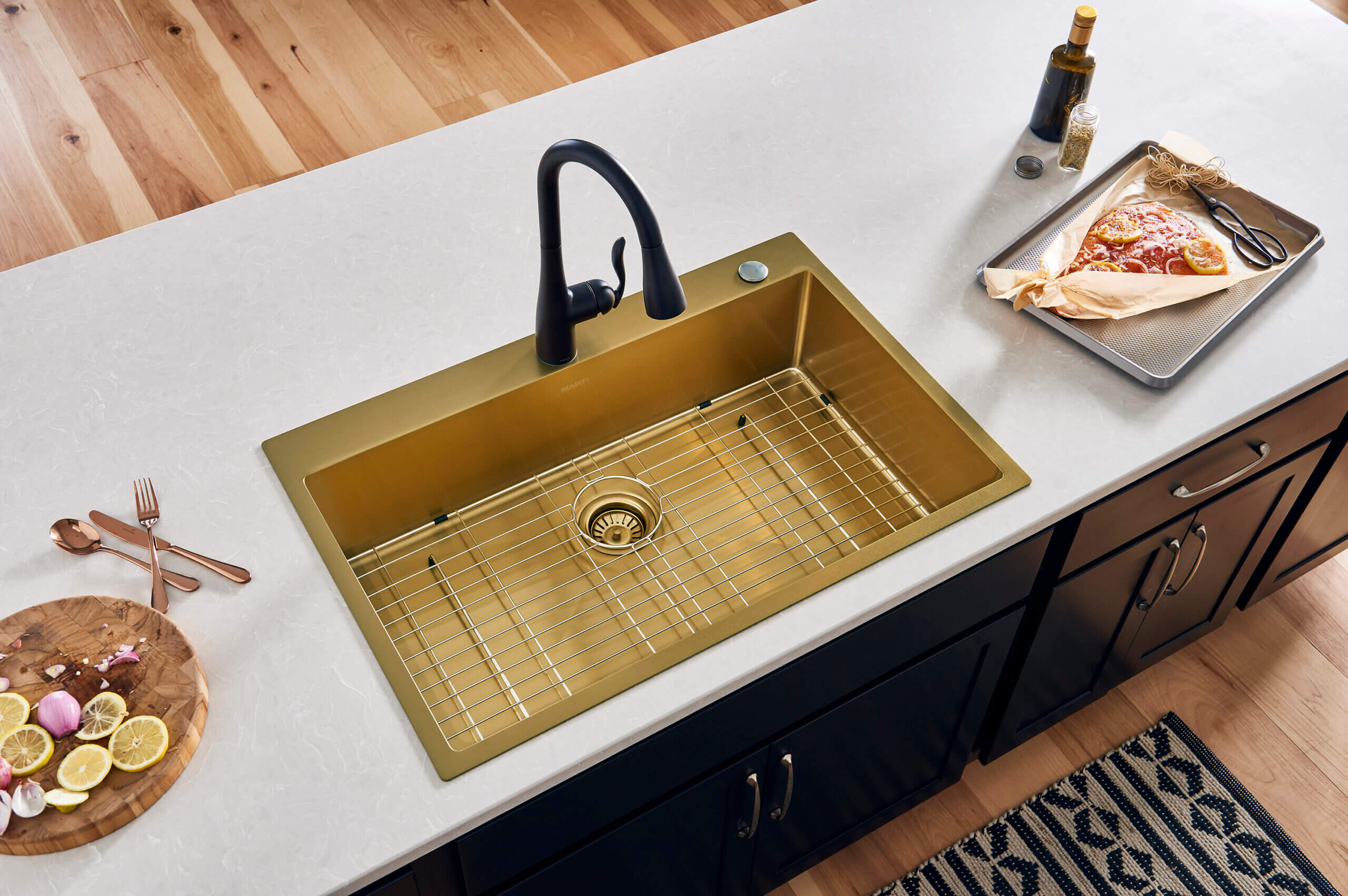 Alternate Image for Ruvati Terraza 33" Drop-in Topmount Stainless Steel Kitchen Sink, Brass Tone Matte Gold, 16 Gauge, RVH5005GG
