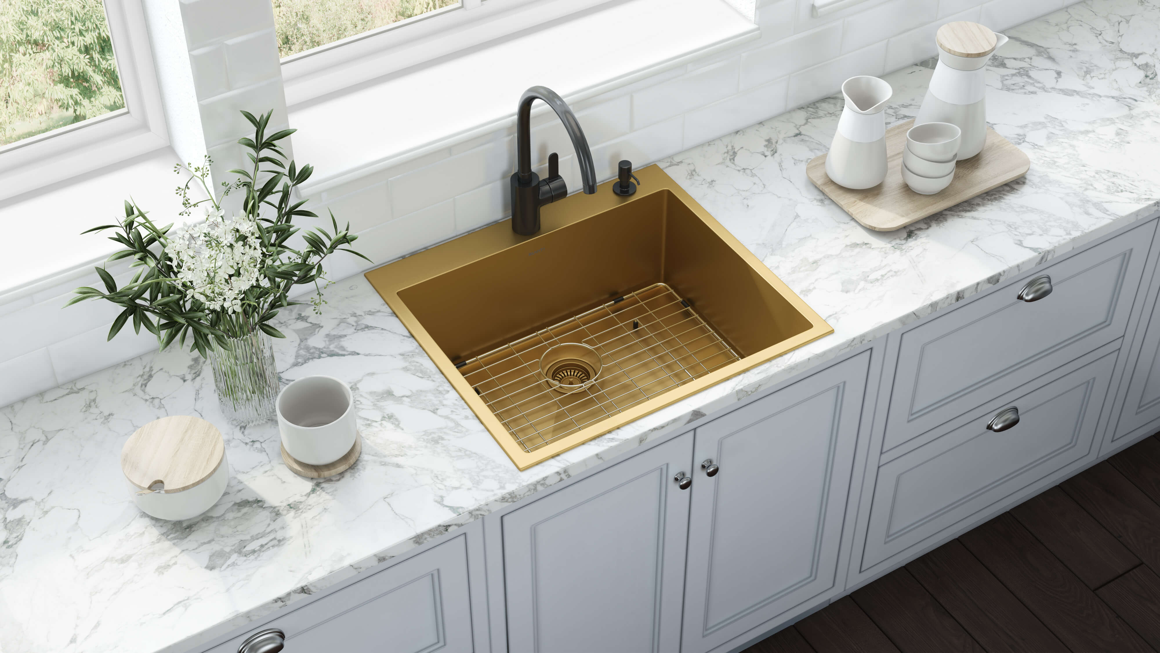 Alternate Image for Ruvati Terraza 25" Drop-in Topmount Stainless Steel Kitchen Sink, Matte Gold Brass Tone, 16 Gauge, RVH5007GG