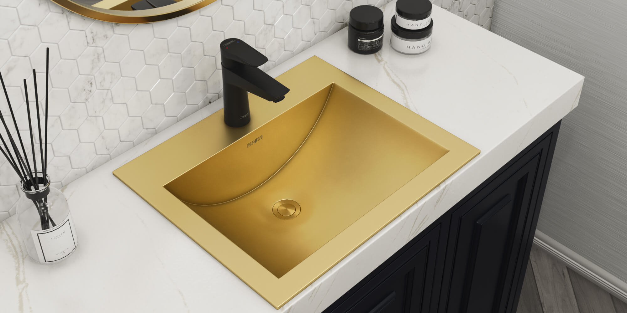 Alternate Image for Ruvati Ariaso 21" Rectangle Drop In Stainless Steel Bathroom Sink, Brushed Gold Brass Tone, 16 Gauge, RVH5110GG