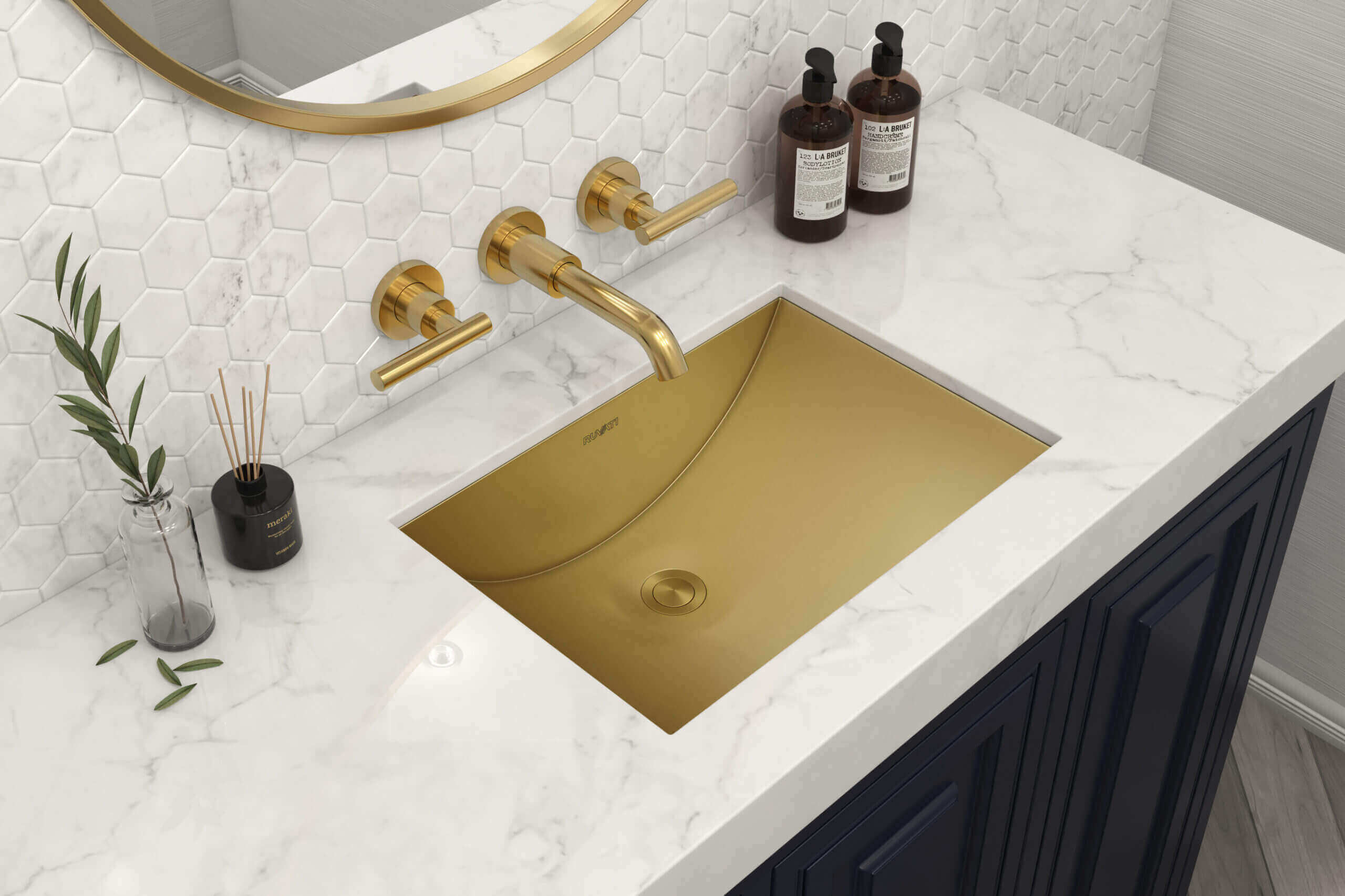 Alternate Image for Ruvati Ariaso 16 x 13 inch Brushed Gold Polished Brass Rectangular Bathroom Sink Undermount, Stainless Steel, 16, RVH6106GG