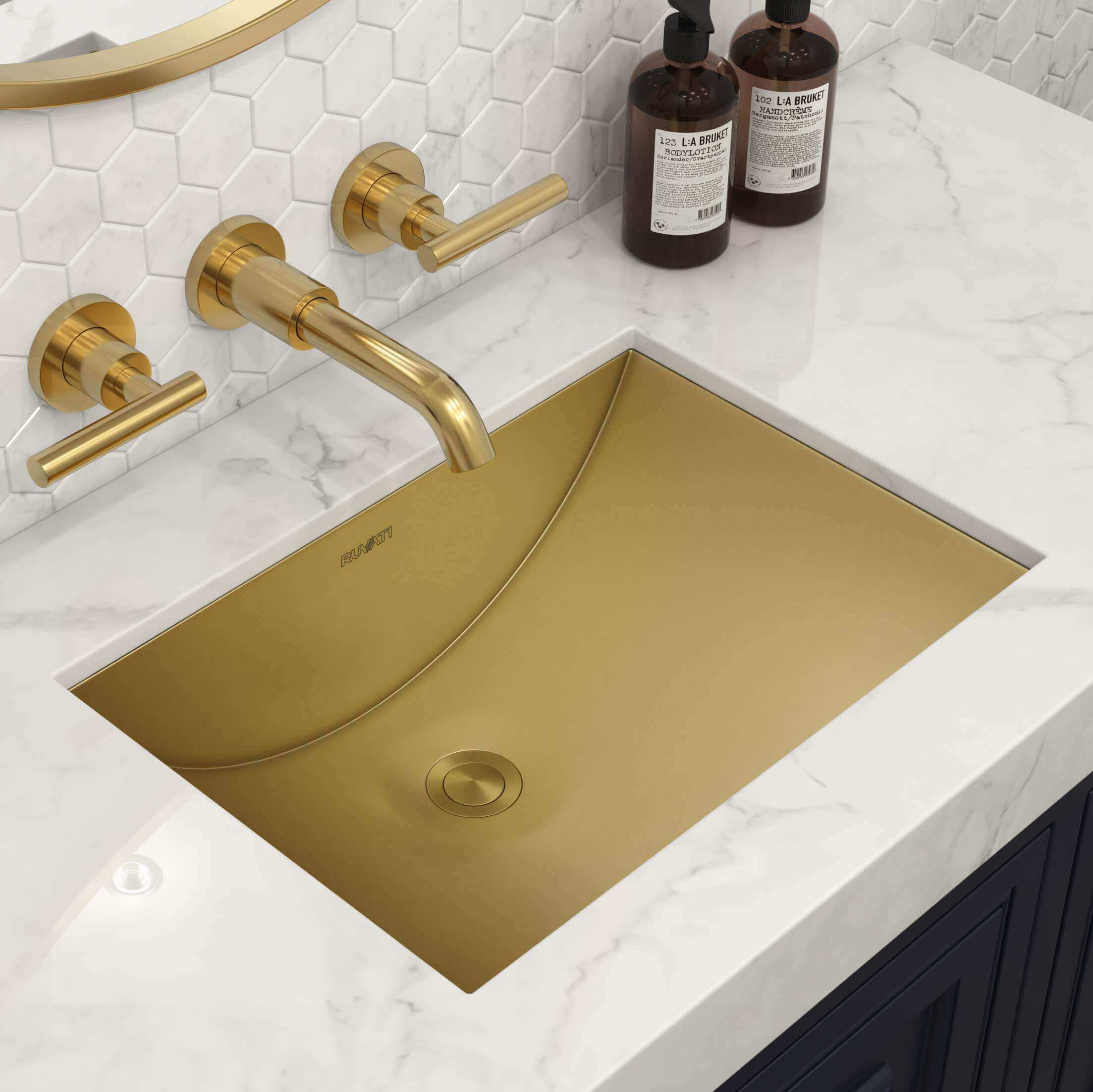 Alternate Image for Ruvati Ariaso 16 x 13 inch Brushed Gold Polished Brass Rectangular Bathroom Sink Undermount, Stainless Steel, 16, RVH6106GG