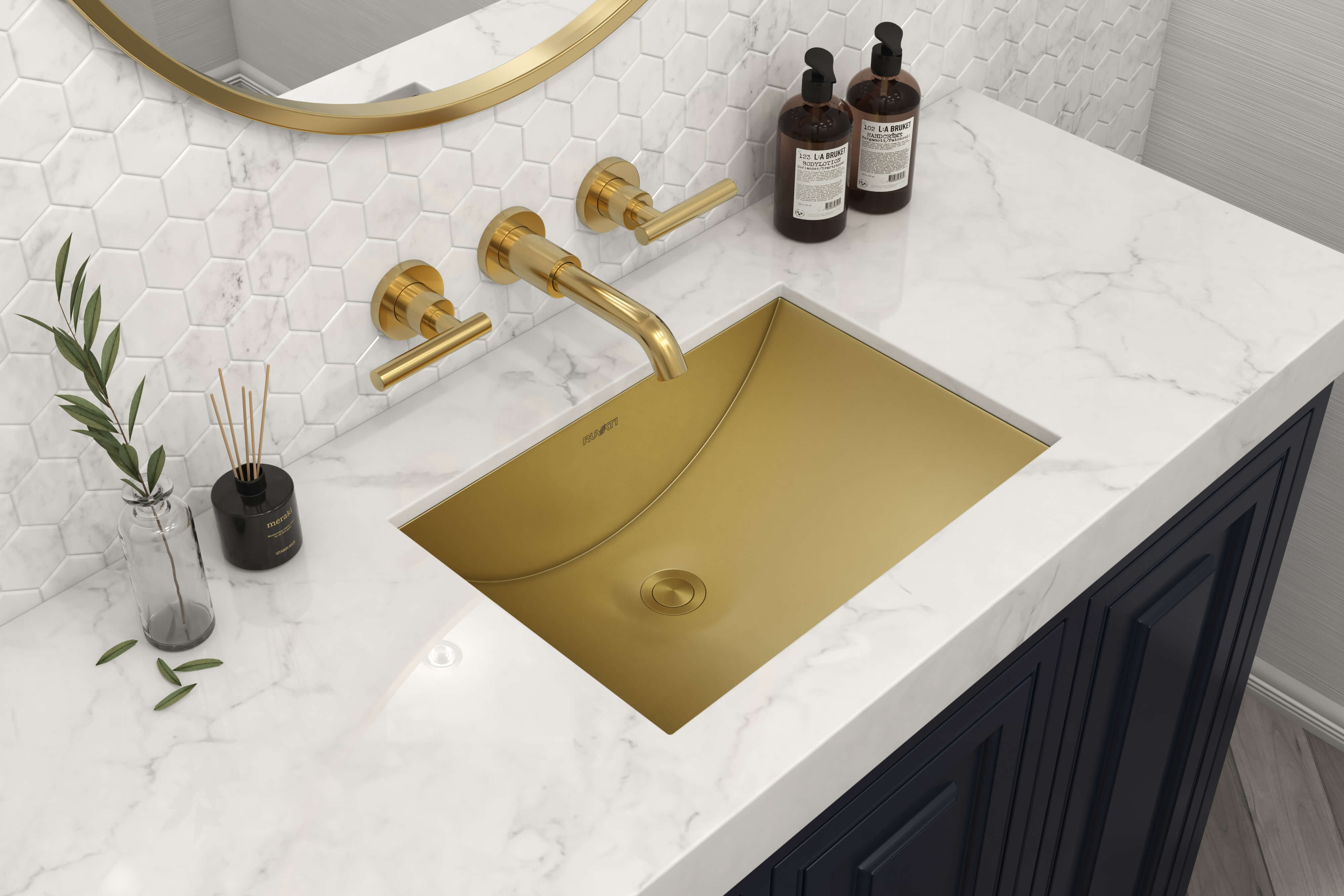 Alternate Image for Ruvati Ariaso 18" Rectangle Undermount Stainless Steel Bathroom Sink, Brushed Gold Brass Tone, 16 Gauge, RVH6107GG