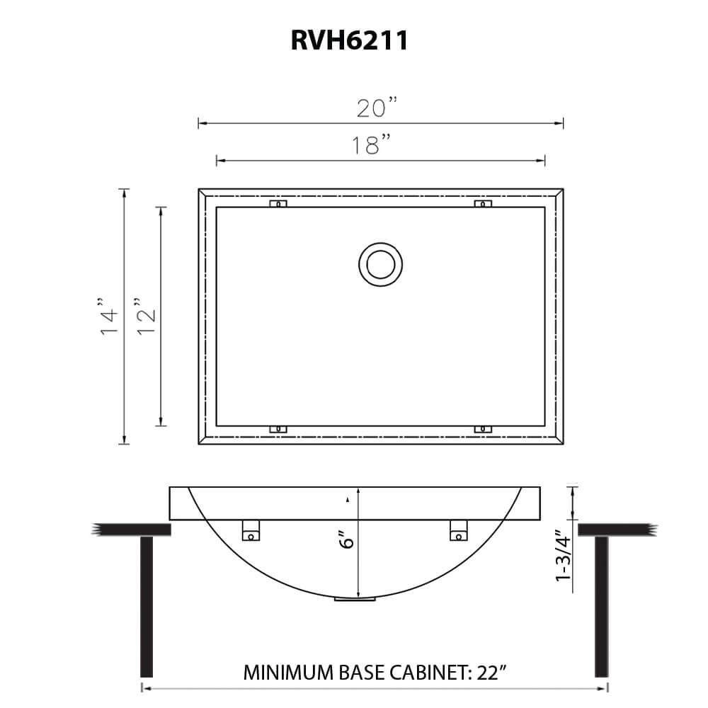 Dimensions Image for Ruvati Ariaso 20 x 14 inch Gunmetal Black Stainless Steel Rectangular Bathroom Sink Semi-Recessed, 16, RVH6211BL