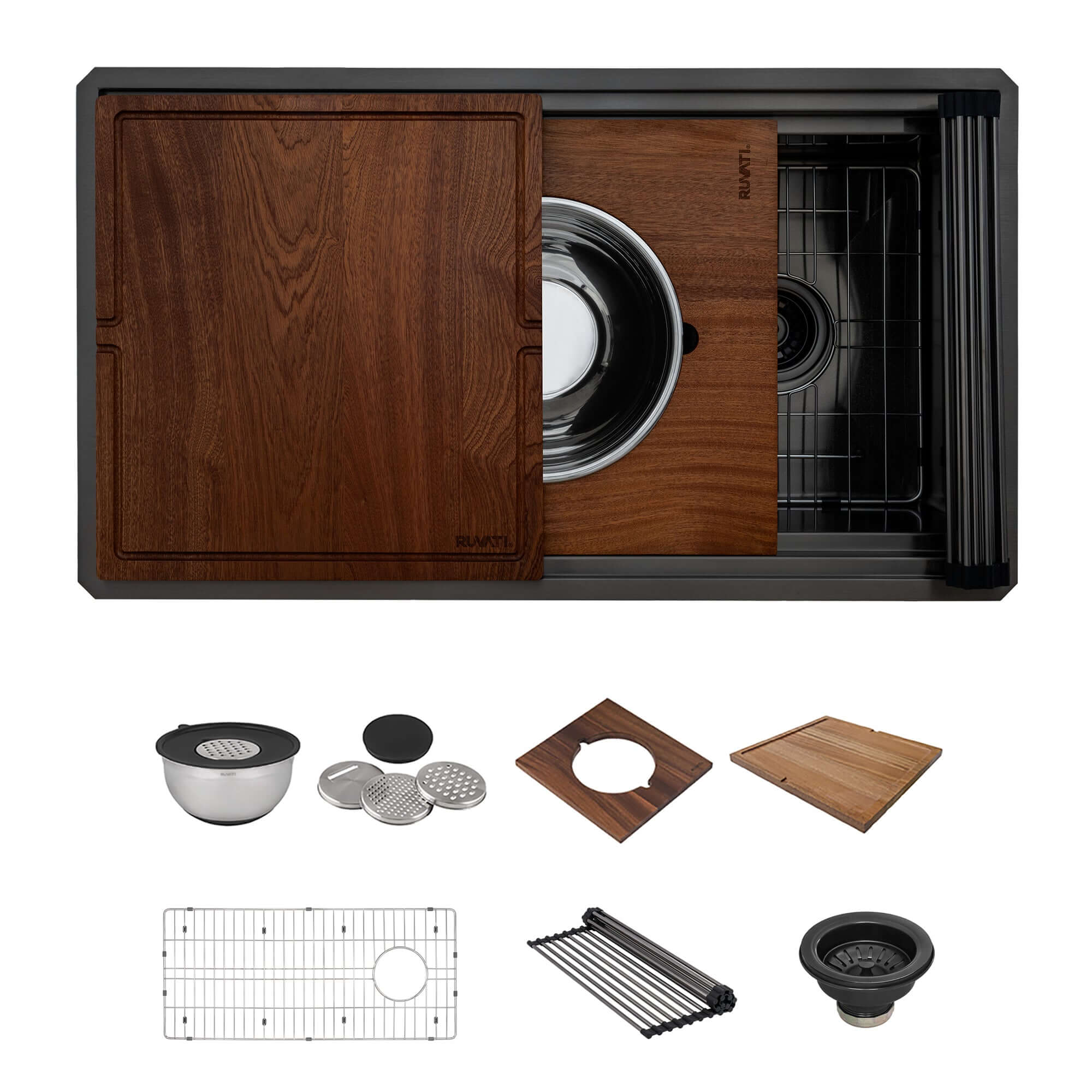 Ruvati Dual-Tier Pro 33-inch Gunmetal Black Stainless Steel Workstation Two-Tiered Ledge Kitchen Sink Undermount, 16, RVH6222BL