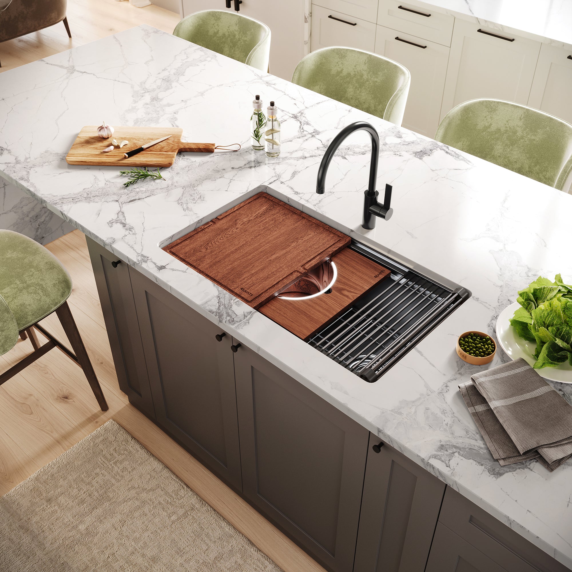 Ruvati Dual-Tier Pro 33-inch Gunmetal Black Stainless Steel Workstation Two-Tiered Ledge Kitchen Sink Undermount, 16, RVH6222BL