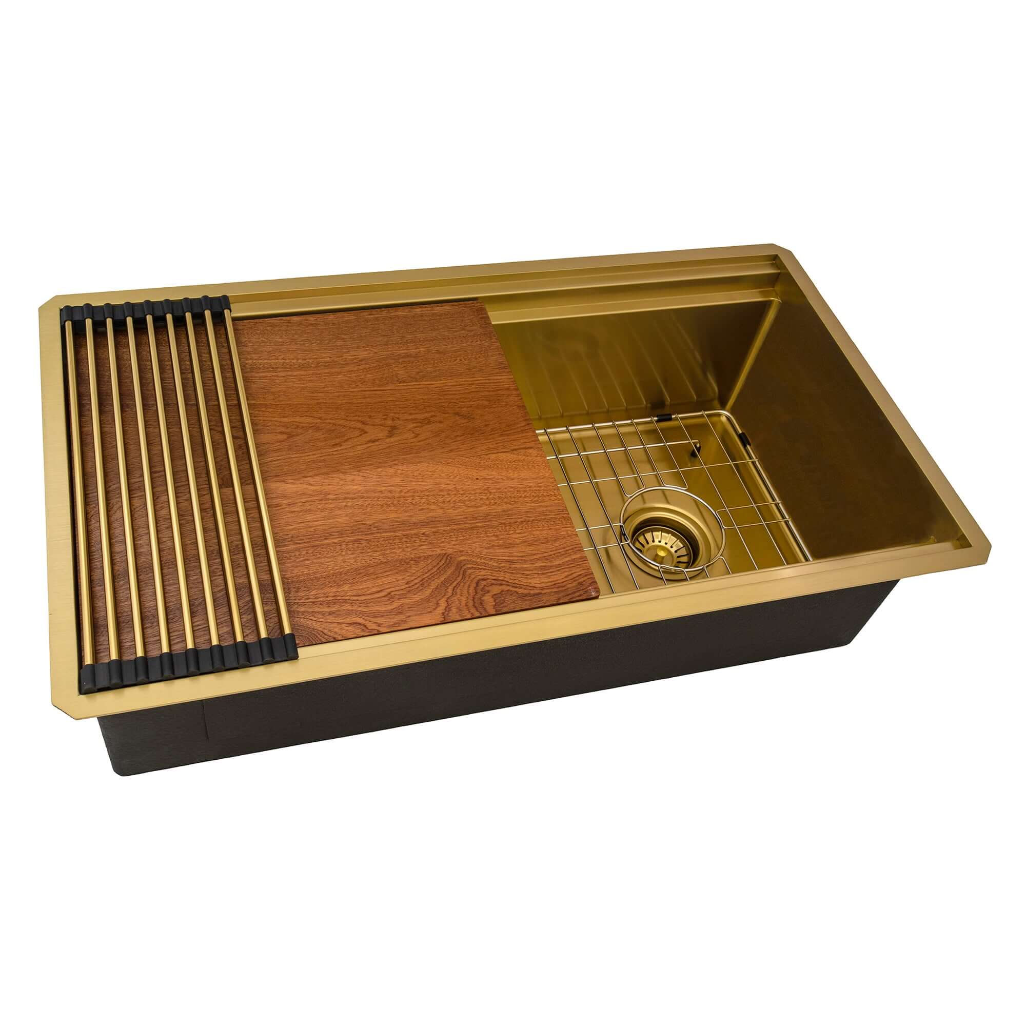 Ruvati Dual-Tier Pro 33-inch Polished Brass Matte Gold Stainless Steel Workstation Two-Tiered Ledge Undermount Kitchen Sink, 16, Matte Gold Satin Brass, RVH6222GG