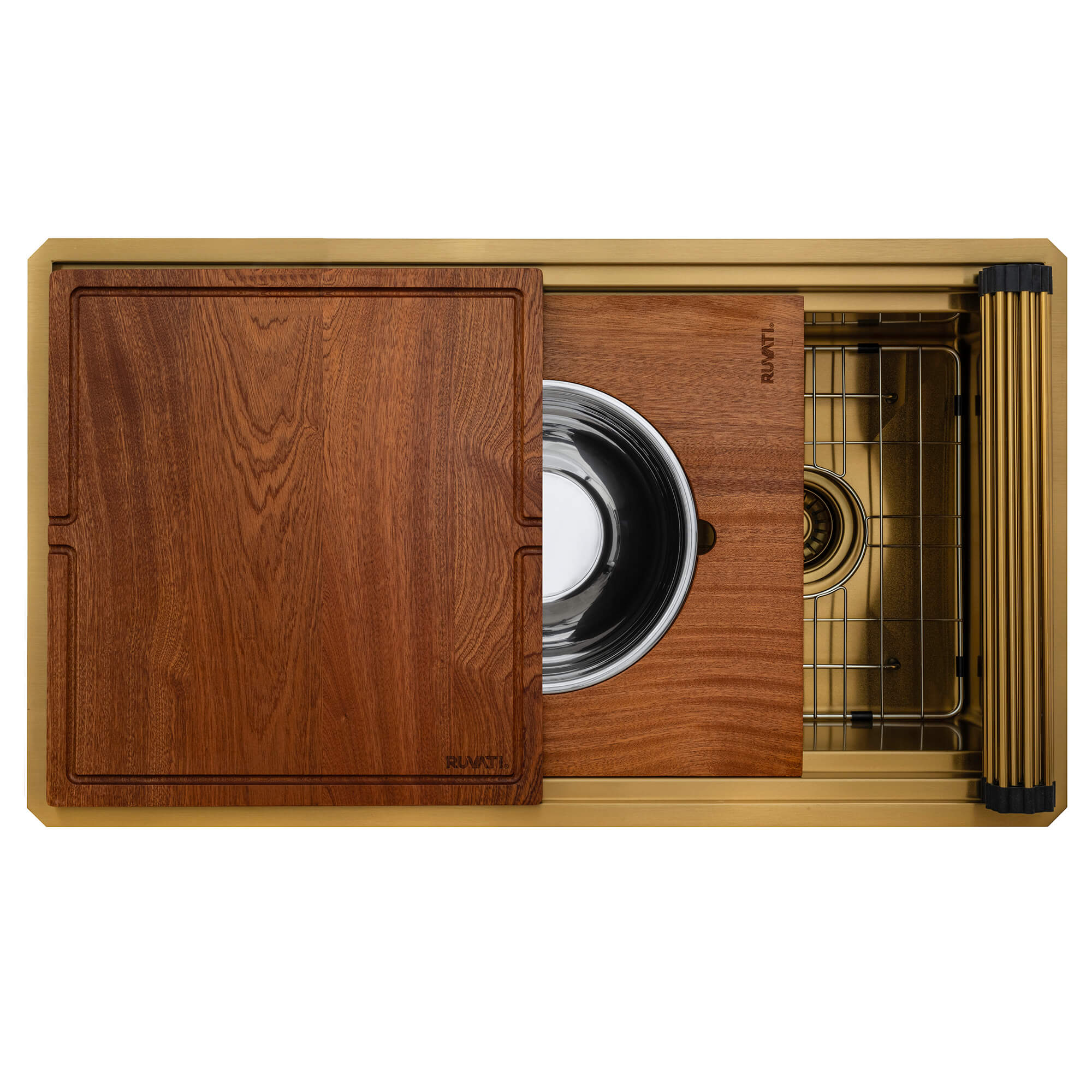 Alternative View of Ruvati Dual-Tier Pro 33-inch Polished Brass Matte Gold Stainless Steel Workstation Two-Tiered Ledge Undermount Kitchen Sink, 16, Matte Gold Satin Brass, RVH6222GG