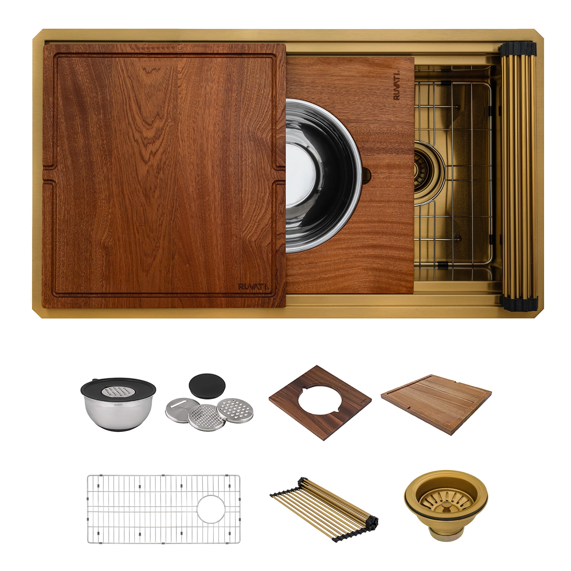 Ruvati Dual-Tier Pro 33-inch Polished Brass Matte Gold Stainless Steel Workstation Two-Tiered Ledge Undermount Kitchen Sink, 16, Matte Gold Satin Brass, RVH6222GG