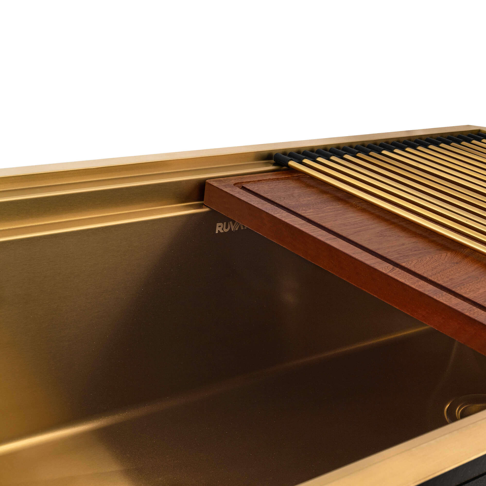 Alternate Image for Ruvati Dual-Tier Pro 33-inch Polished Brass Matte Gold Stainless Steel Workstation Two-Tiered Ledge Undermount Kitchen Sink, 16, Matte Gold Satin Brass, RVH6222GG