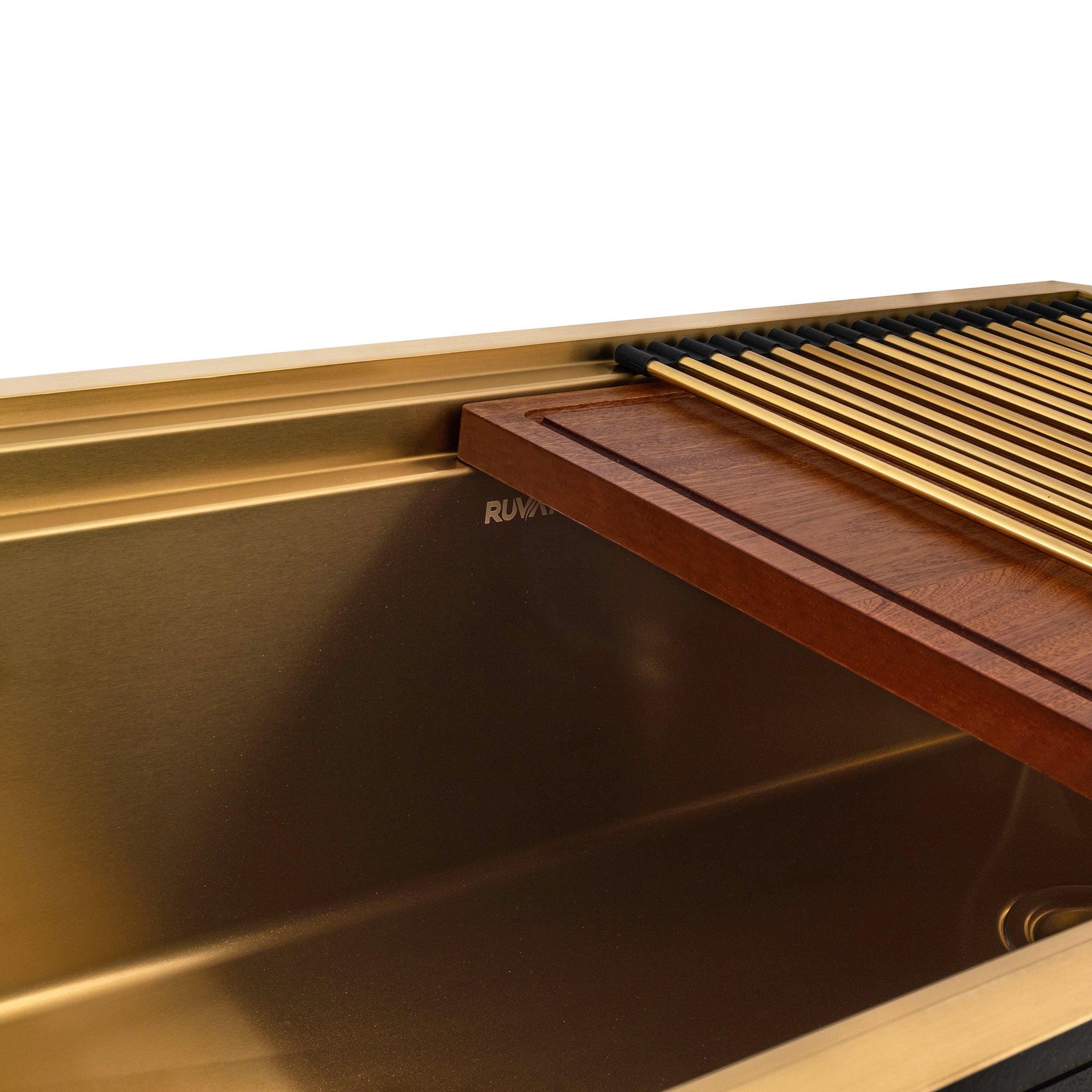 Ruvati Dual-Tier Pro 33-inch Polished Brass Matte Gold Stainless Steel Workstation Two-Tiered Ledge Undermount Kitchen Sink, 16, Matte Gold Satin Brass, RVH6222GG