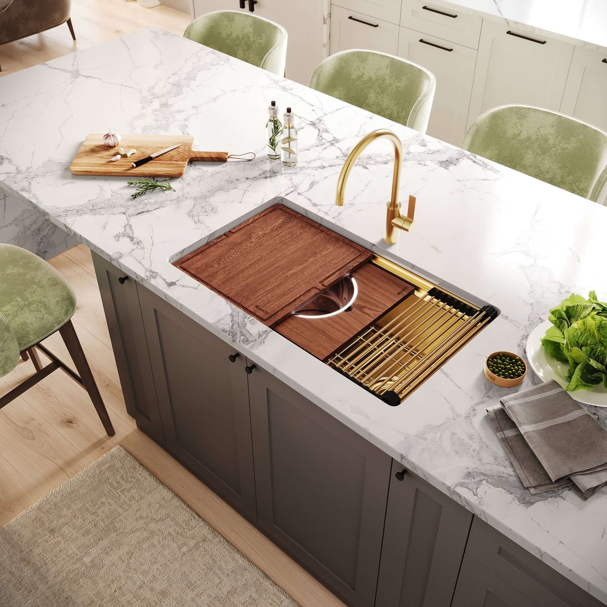 Ruvati Dual-Tier Pro 33-inch Polished Brass Matte Gold Stainless Steel Workstation Two-Tiered Ledge Undermount Kitchen Sink, 16, Matte Gold Satin Brass, RVH6222GG