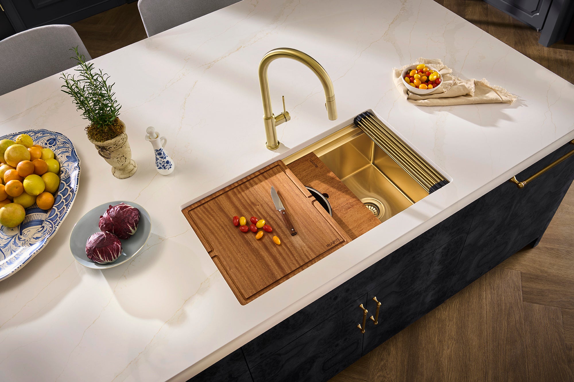 Ruvati Dual-Tier Pro 33-inch Polished Brass Matte Gold Stainless Steel Workstation Two-Tiered Ledge Undermount Kitchen Sink, 16, Matte Gold Satin Brass, RVH6222GG