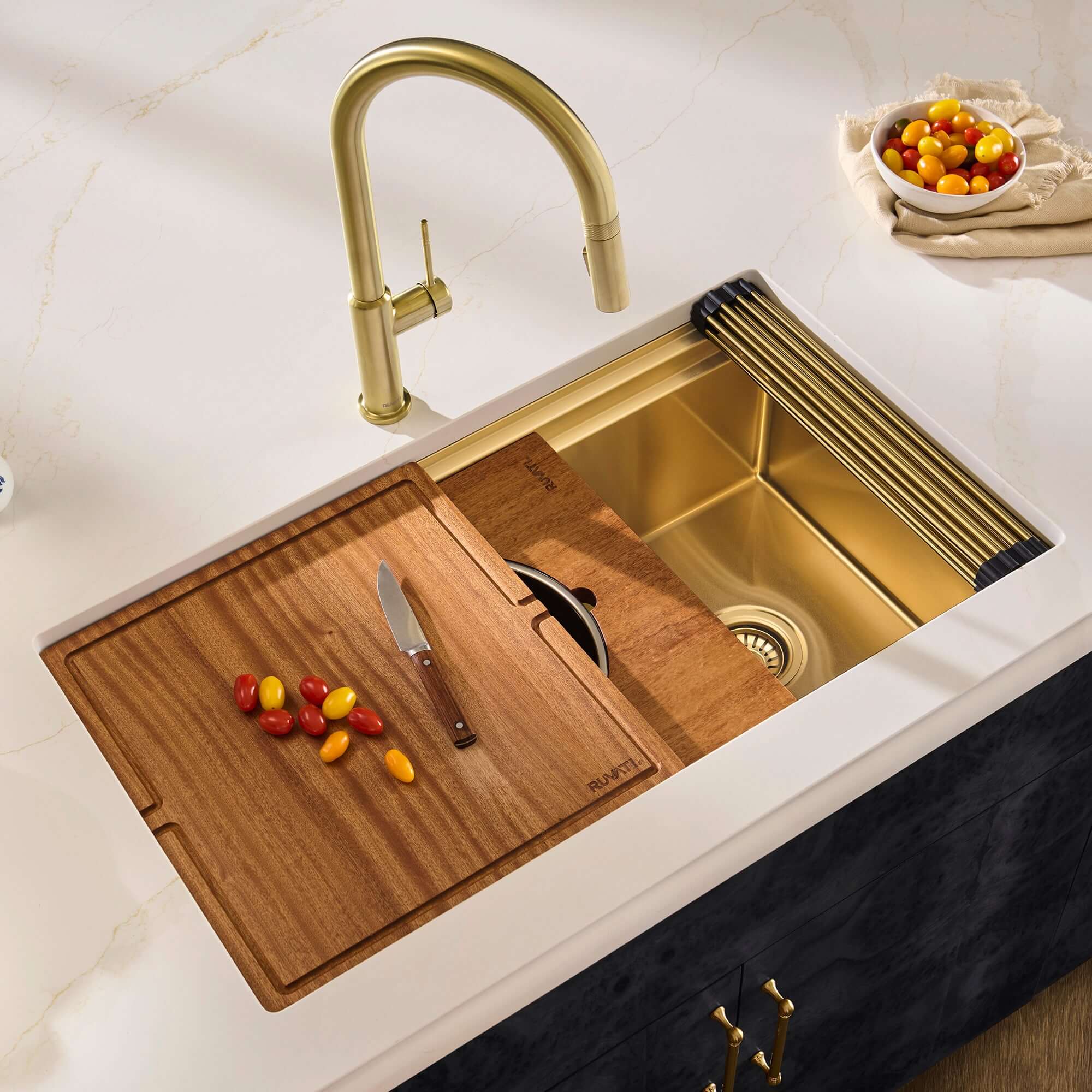 Ruvati Dual-Tier Pro 33-inch Polished Brass Matte Gold Stainless Steel Workstation Two-Tiered Ledge Undermount Kitchen Sink, 16, Matte Gold Satin Brass, RVH6222GG