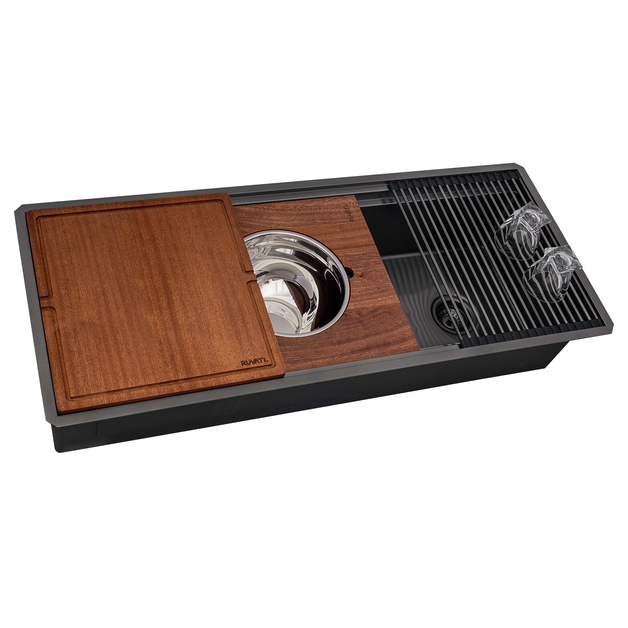 Ruvati Dual-Tier Pro 45-inch Gunmetal Black Stainless Steel Workstation Two-Tiered Ledge Undermount Kitchen Sink, 16, RVH6333BL