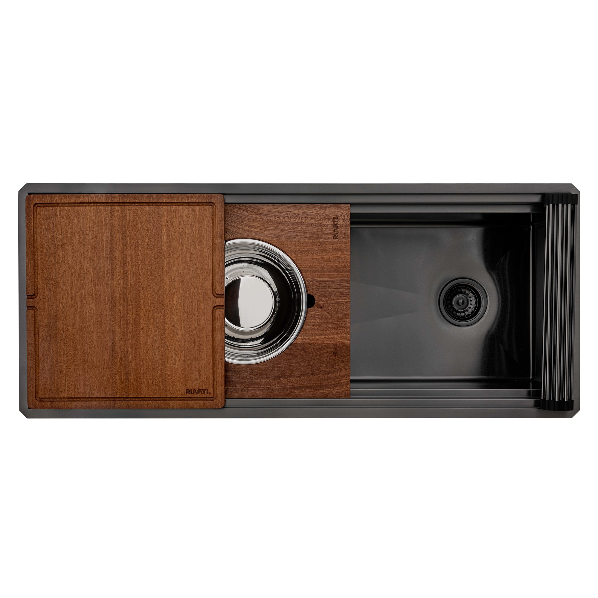 Ruvati Dual-Tier Pro 45-inch Gunmetal Black Stainless Steel Workstation Two-Tiered Ledge Undermount Kitchen Sink, 16, RVH6333BL