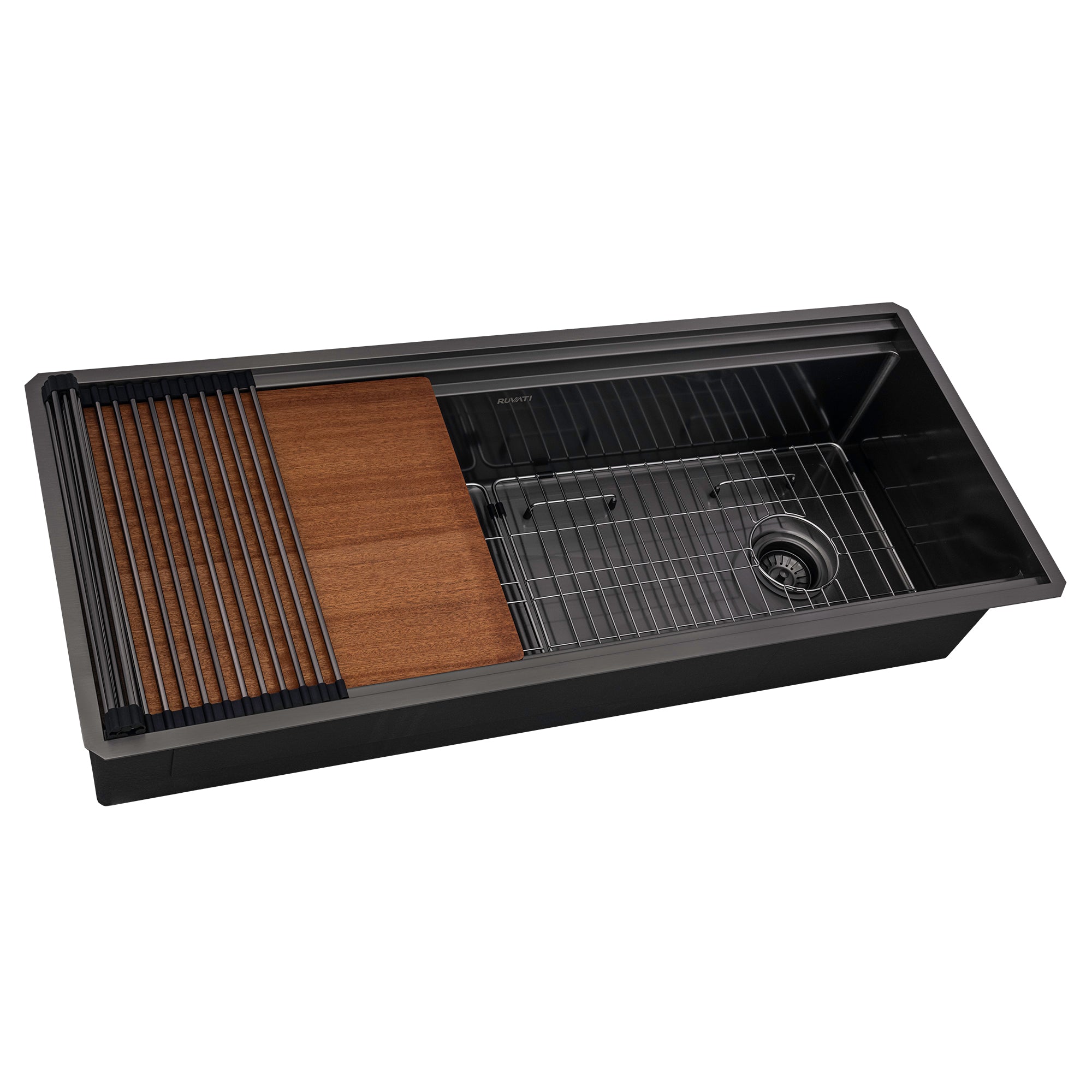 Ruvati Dual-Tier Pro 45-inch Gunmetal Black Stainless Steel Workstation Two-Tiered Ledge Undermount Kitchen Sink, 16, RVH6333BL