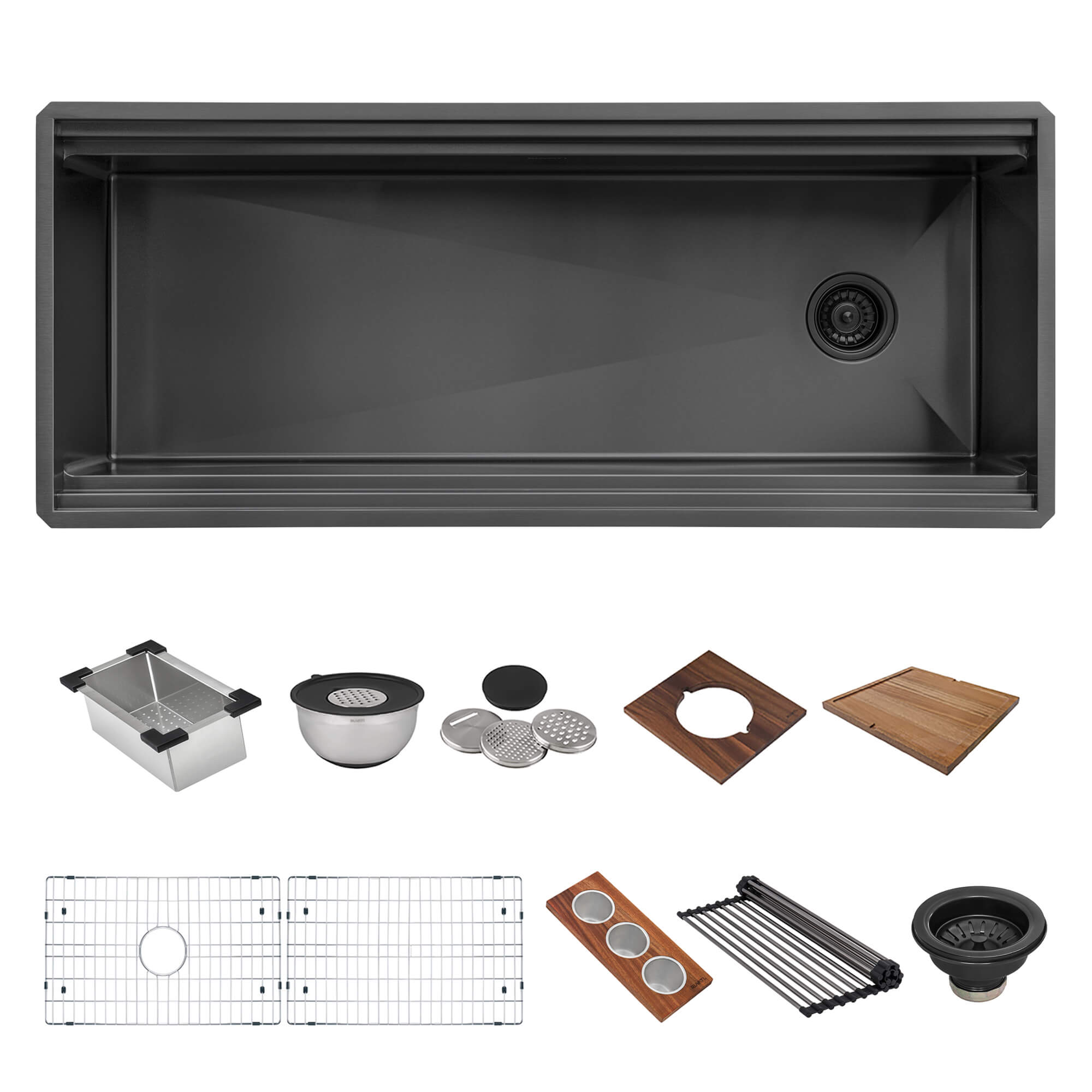 Ruvati Dual-Tier Pro 45-inch Gunmetal Black Stainless Steel Workstation Two-Tiered Ledge Undermount Kitchen Sink, 16, RVH6333BL