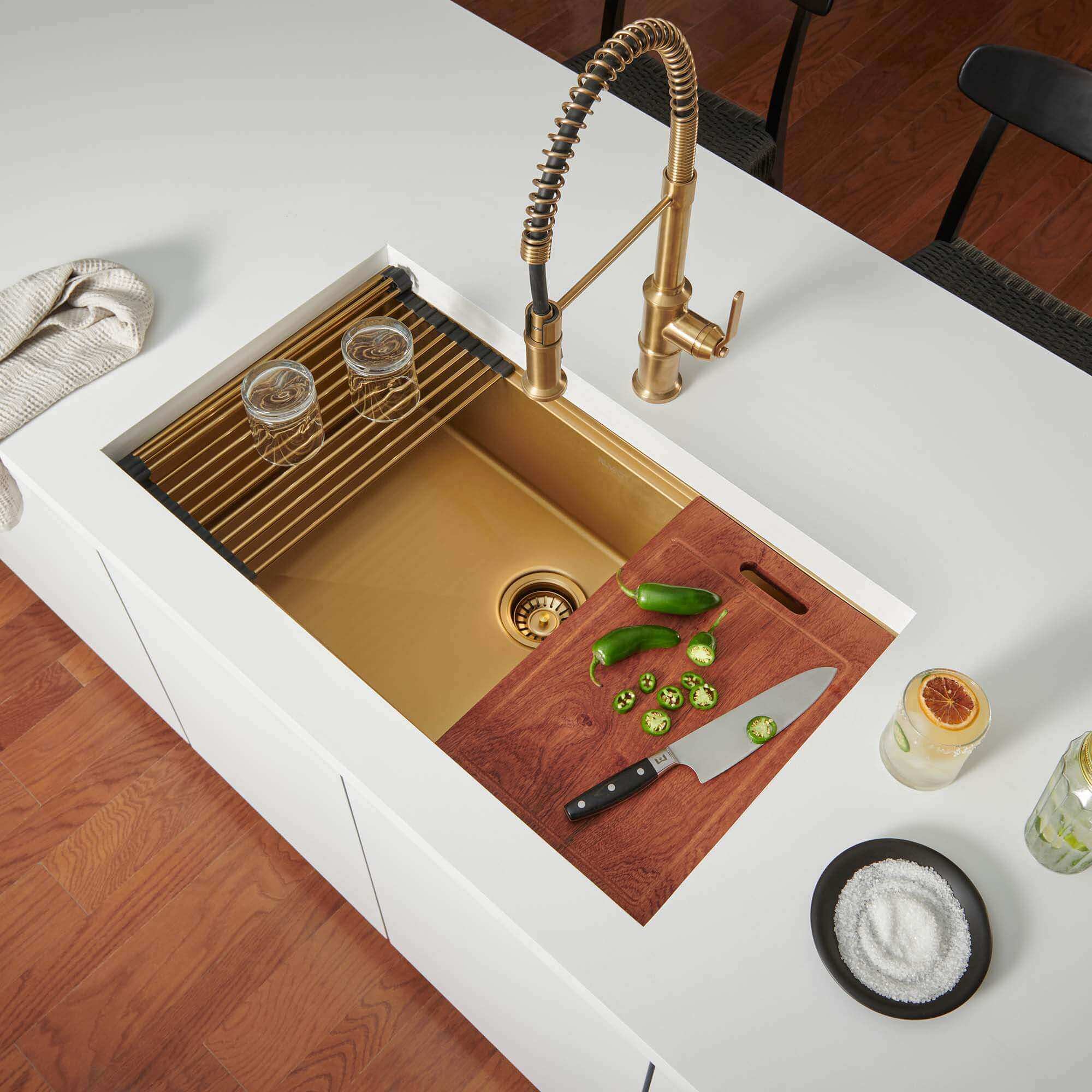 Alternate Image for Ruvati Giana 33" Undermount Stainless Steel Workstation Kitchen Sink, Matte Gold Brass Tone, 16 Gauge, RVH6533GG