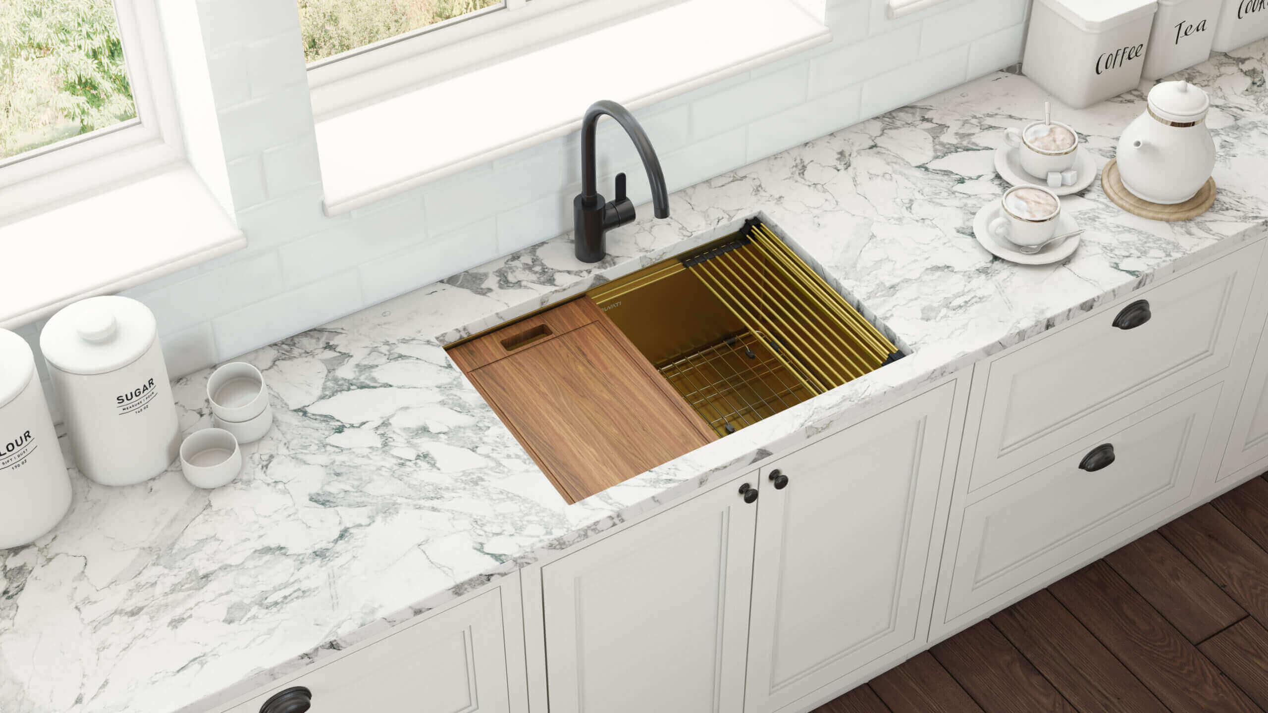 Alternate Image for Ruvati Giana 30-inch Polished Brass Matte Gold Workstation Undermount Kitchen Sink Single Bowl, Stainless Steel, 16, Matte Gold Satin Brass, RVH6530GG