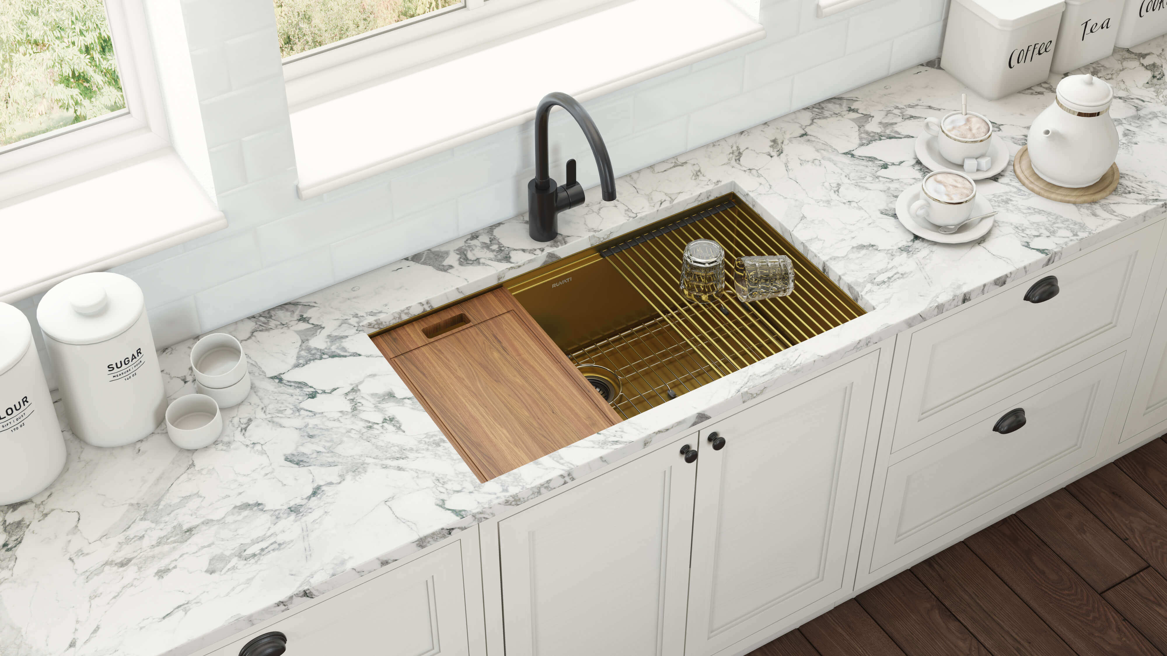 Alternate Image for Ruvati Giana 33" Undermount Stainless Steel Workstation Kitchen Sink, Matte Gold Brass Tone, 16 Gauge, RVH6533GG